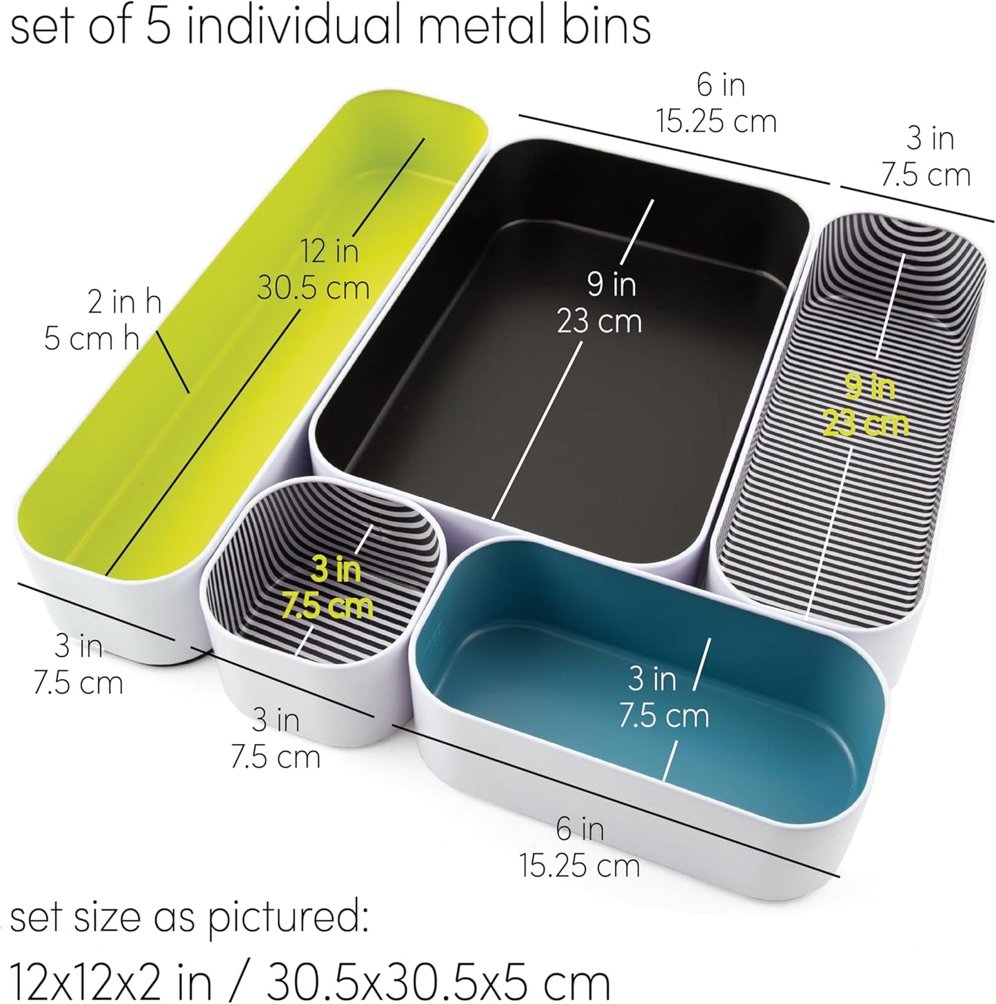 Three by Three Seattle 5 Piece Metal Organizer Tray Set for Storing Makeup, Stationery, Utensils, and More in Office Desk, Kitchen and Bathroom Drawers (2 Inch, Assorted Colors, Stripes)