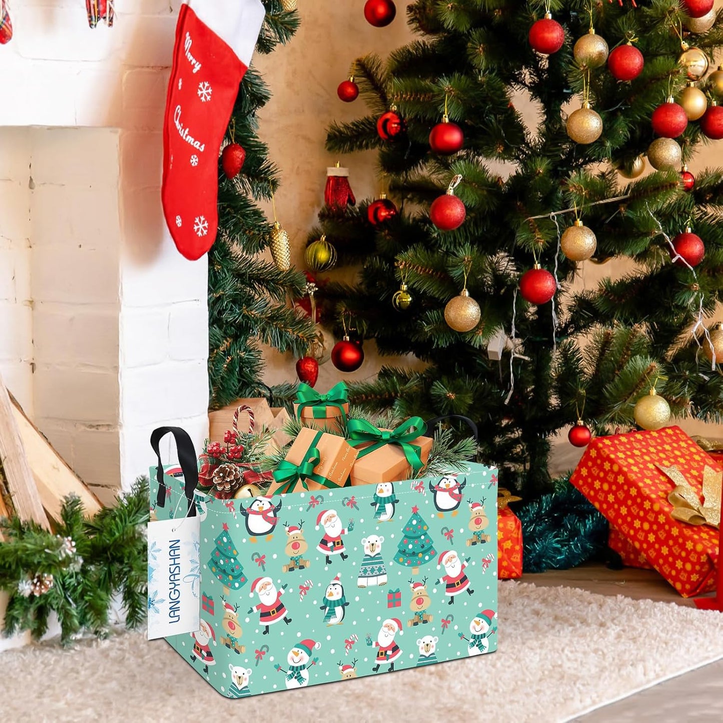LANGYASHAN Rectangular Christmas Santa Claus Storage Basket with Handles for Organizing Home Kitchen Boys and Girls Toys Office Closet Shelf Baskets (Rec Penguin Santa Claus)