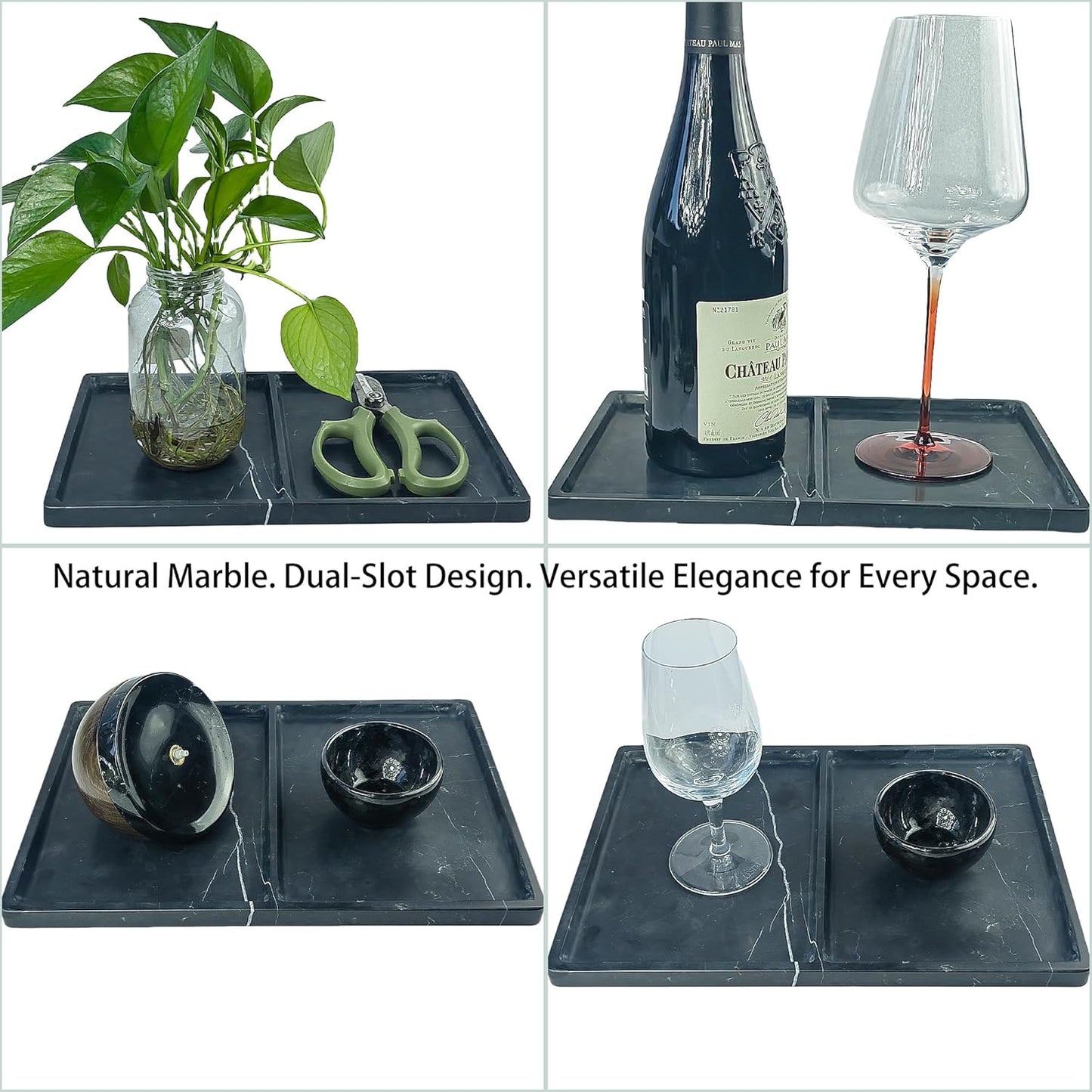 11.81"x7.87" Natural Marble Decorative Tray Countertop Organizer - 2 Compartments Polished Stone Storage Vanity Tray for Bathroom Kitchen Desk, Black White