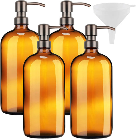 Kitchentoolz Large Pump Bottle - 32 Ounce Glass Shampoo and Soap Dispenser - Amber