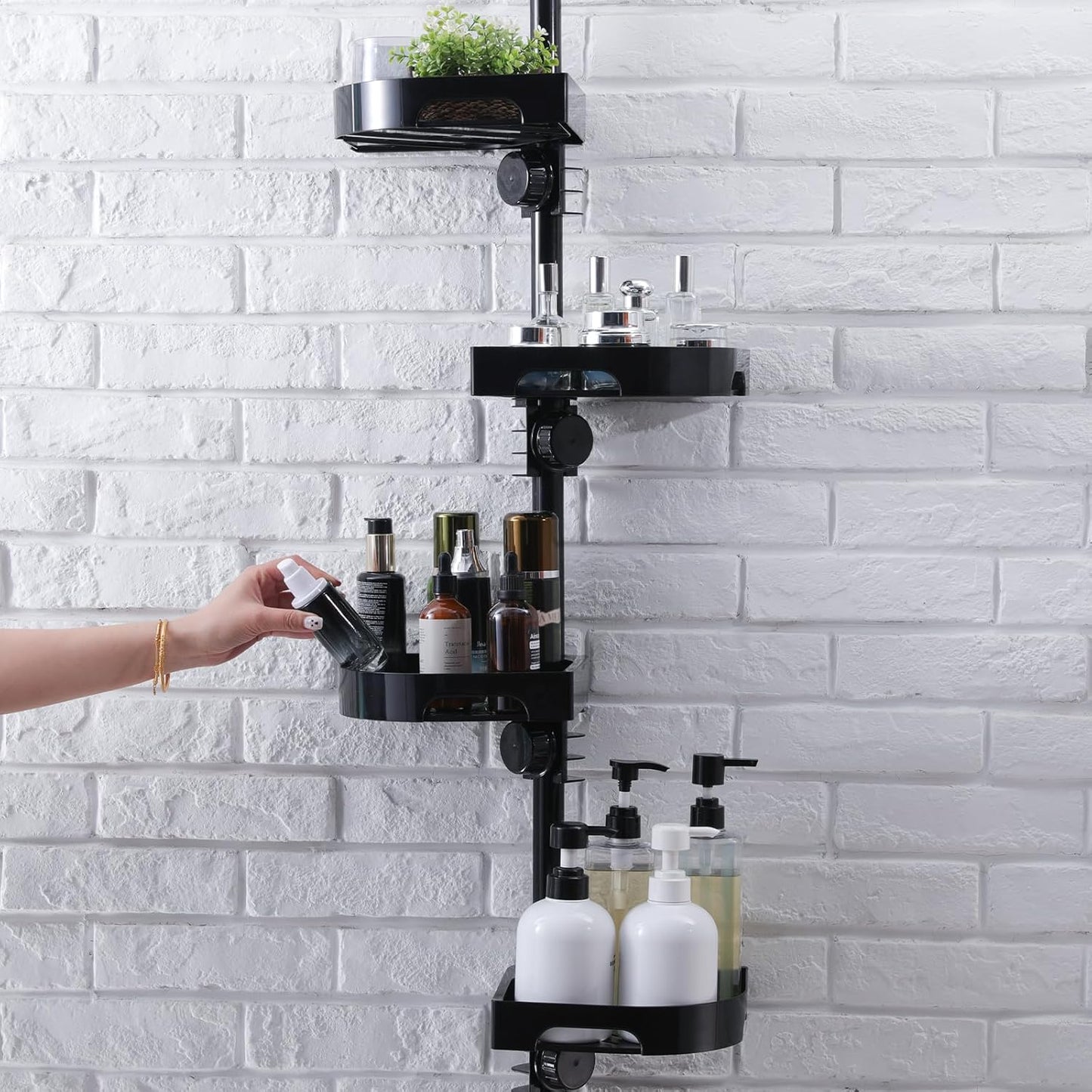 4-Tier Corner Shower Caddy Tension Pole Organizer - Adjustable Rustproof Metal Tension Pole, Plastic Shelves with Safety Guardrail, Bathroom Storage for Shower & Bathtub(Black)