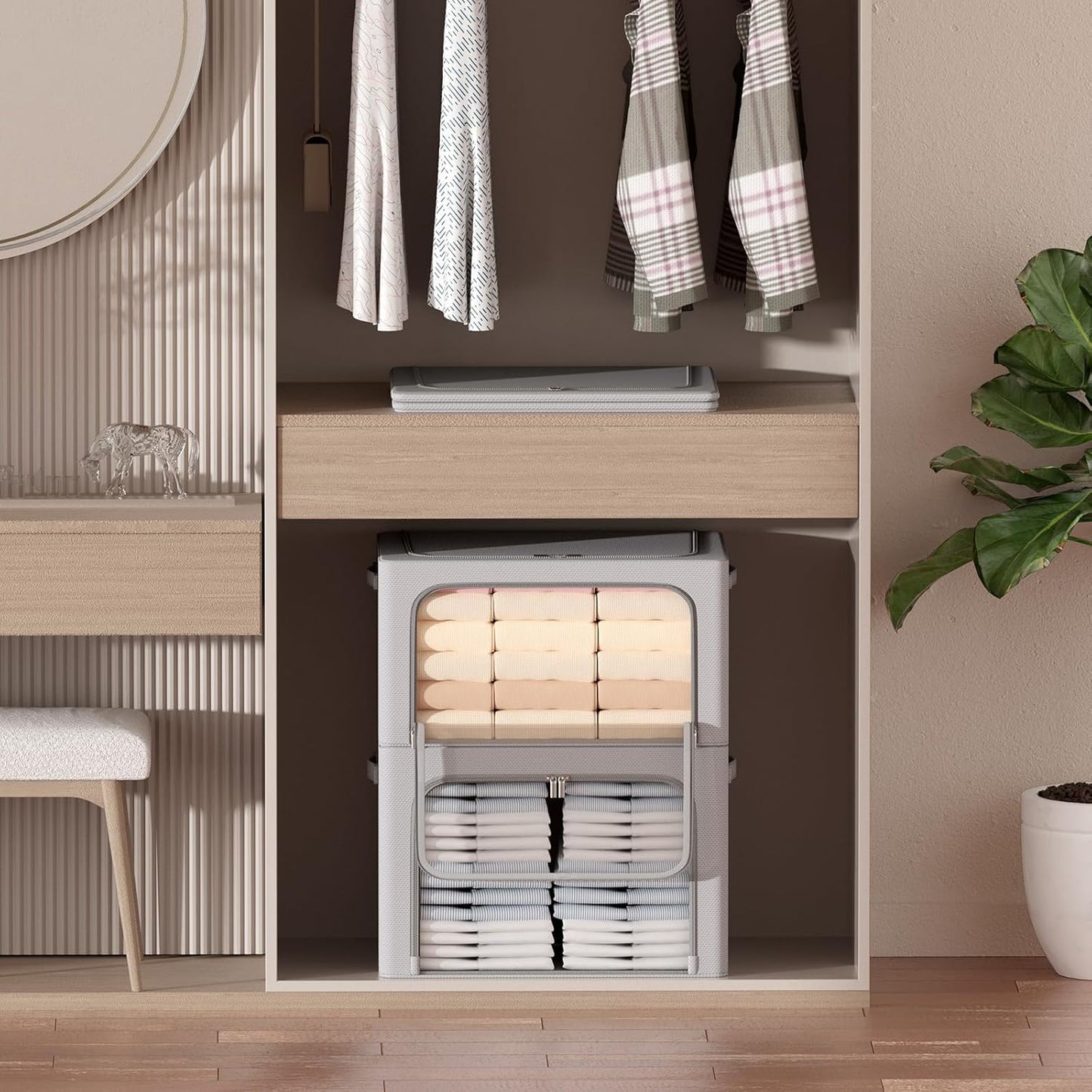 3Pack Frame Storage Box - Clothes Storage Bin Bags Oxford Fabric Foldable Stackable Container Organizer Set with Clear Window & Carry Handles (Grey, X-Small-36L)