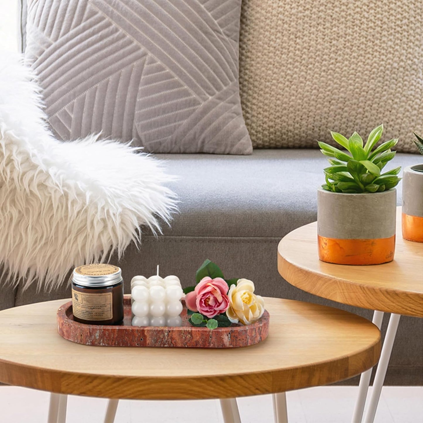 WORHE Italy Natural Travertine Stone Tray for Jewelry, Candles, Perfume, Trinket, Marble Oval Vanity Trays for Bathroom, Dresser, Kitchen, Countertop Storage Organizer for Home Decor Red (WH029)