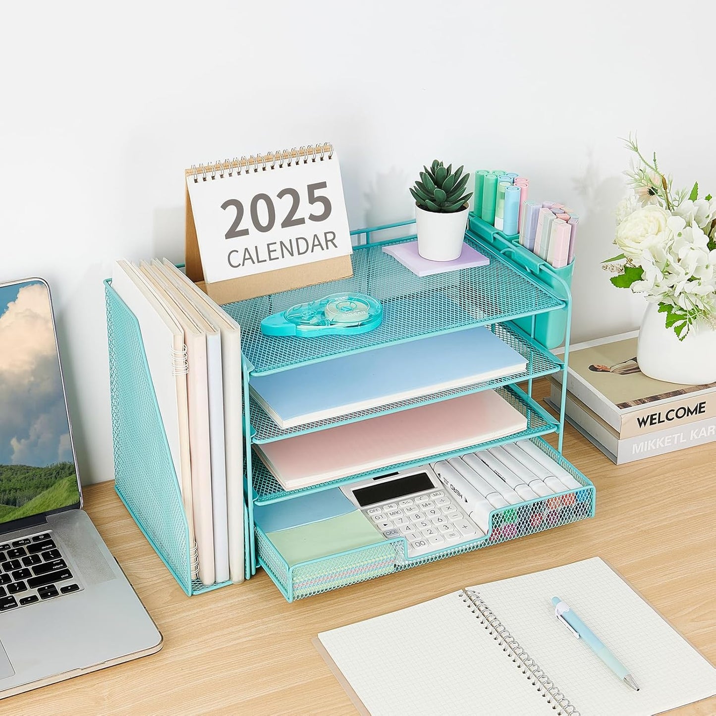 Desk Organizer and Accessories, 4-Tier Desktop File Organizer with Drawer and 2 Pen Holders, Office Desk Accessories, File Sorters, Workspace Organizers for Office Supplies(Teal Blue)