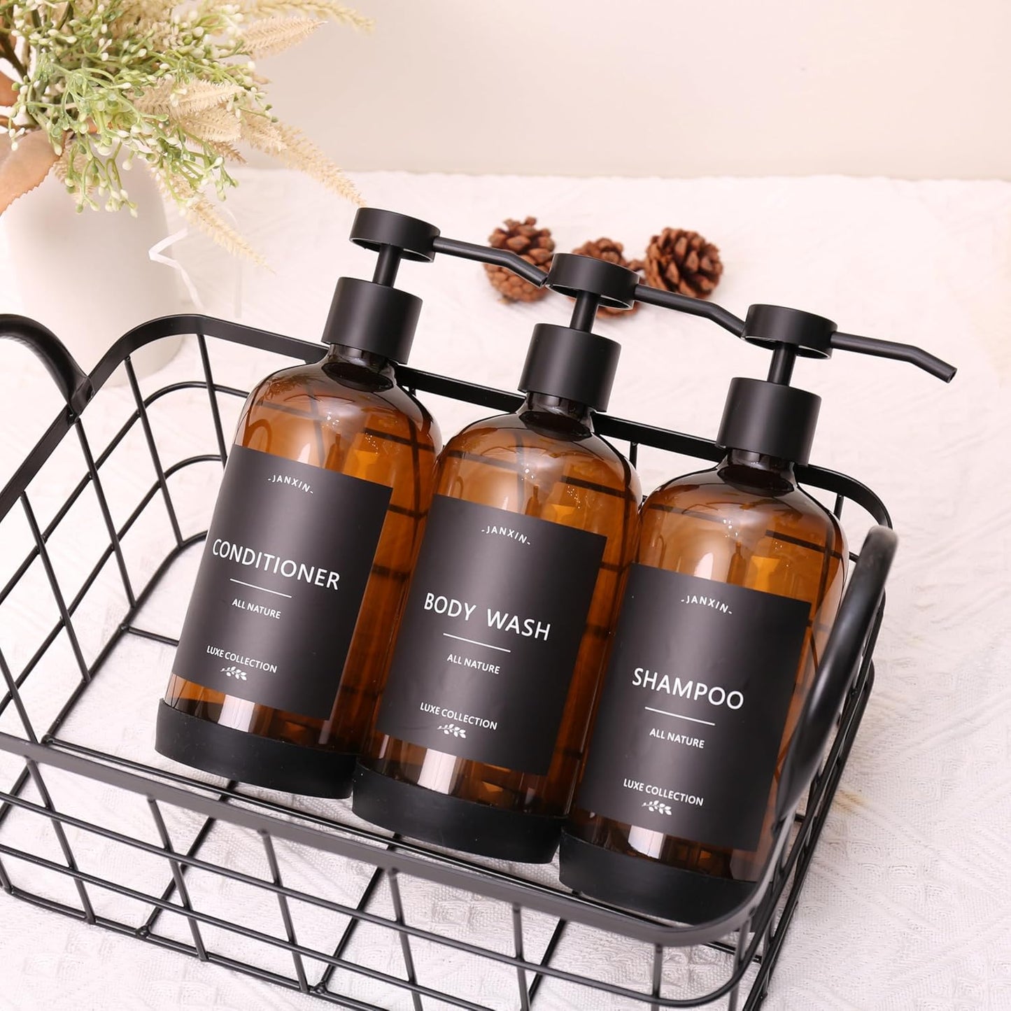 Shampoo and Conditioner Dispenser Set of 3,Refillable 21oz Shampoo Bottles with Non-Slip Protective Silicone Pad,Shower Soap Dispenser with Waterproof Labels for Bathroom (Amber)