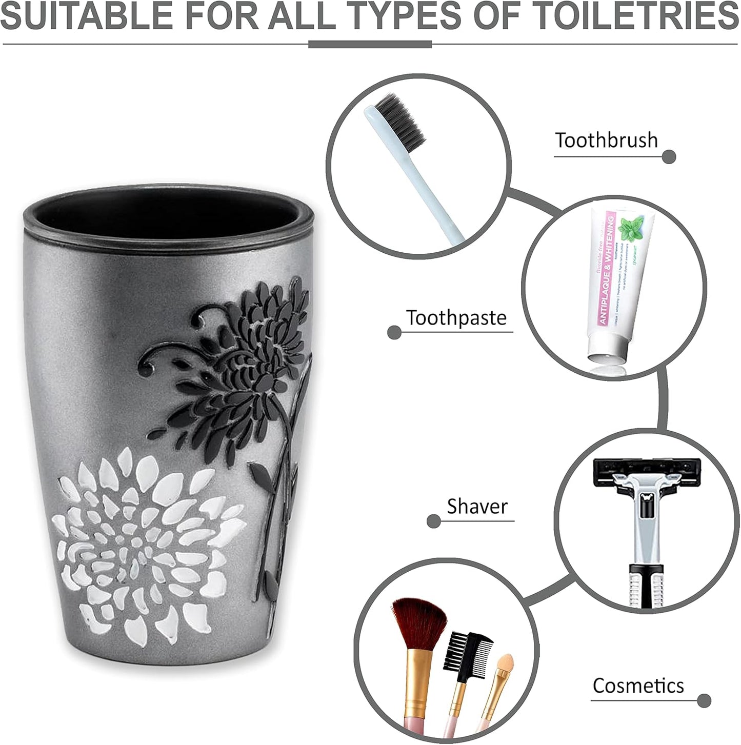 Zahari Home 4pc Erica Bathroom Accessories Sets Modern Classic Soap Dispenser, Tumbler, Tooth Brush Holder and Soap Dish Holder Unique Design Grey Bathroom Set