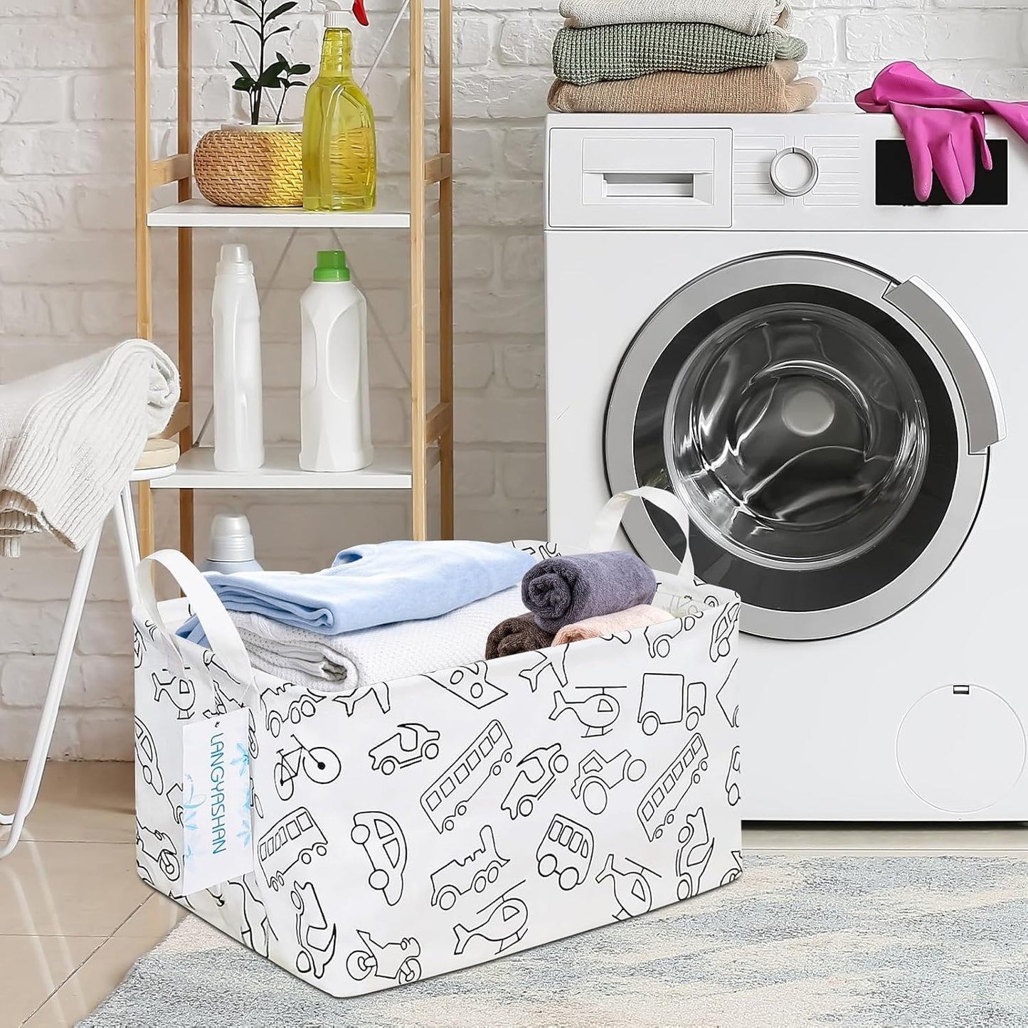 LANGYASHAN Rectangular Storage Bin Collapse Canvas Fabric Cartoon Storage Basket with Handles for Organizing Home Kitchen Boys and Girls Toys Office Closet Shelf Baskets (Rec Vehicle)