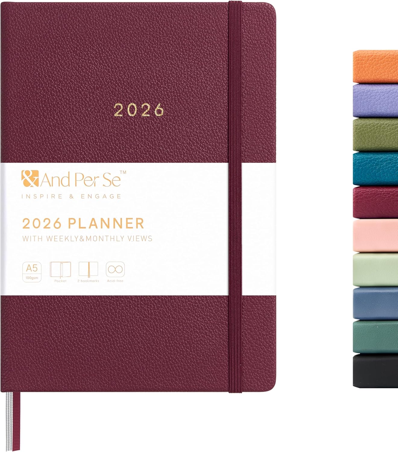 And Per Se 2026 Planner-Daily, Weekly & Monthly Leather Hardcover Planner, 5.7" x 8", Daily Schedule, Monthly Tabs, 100 GSM Thick Paper, Back Pocket(Dark Red)