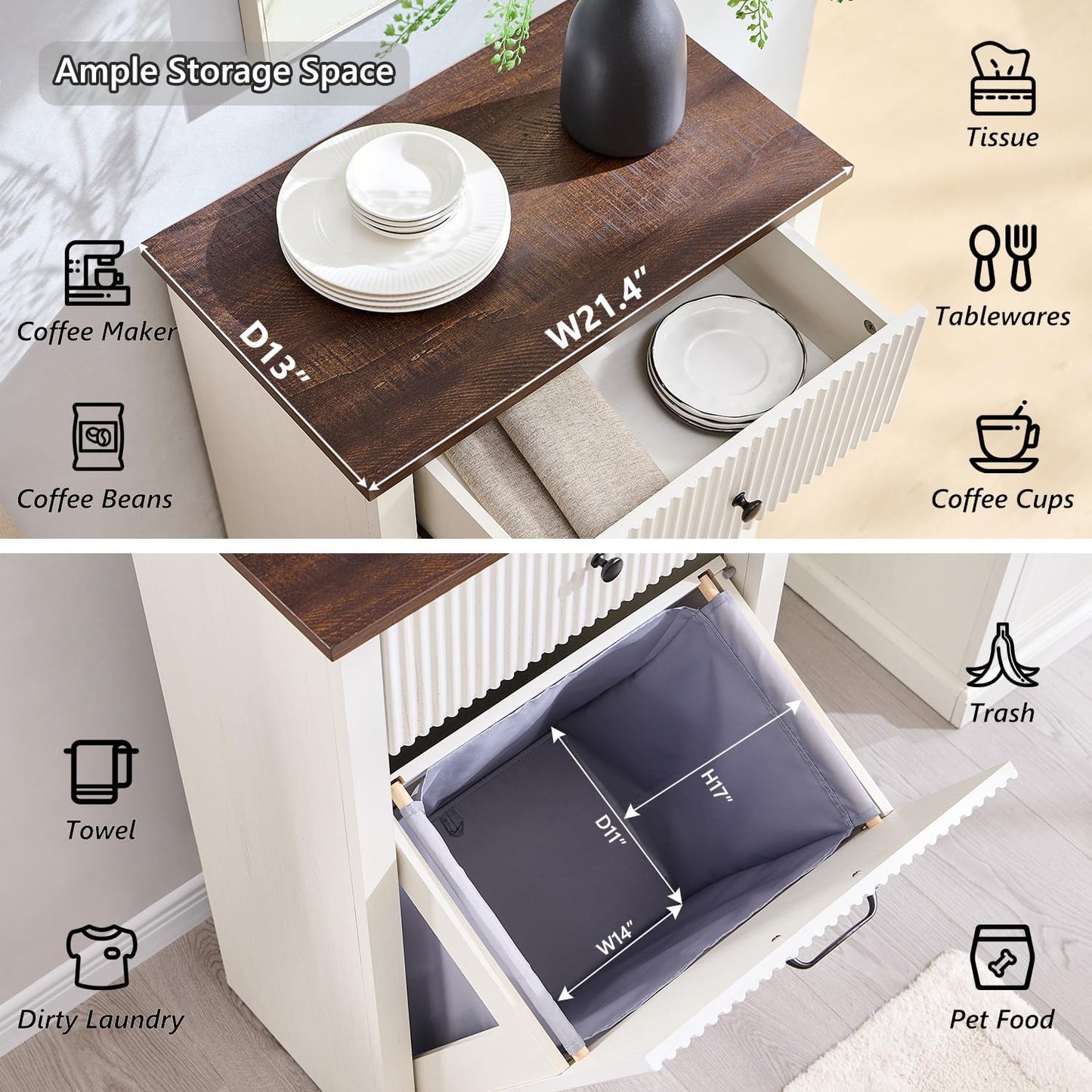 Modern Tilt-Out Laundry Hamper Cabinet, 10 Gallon Fluted Trash Can Cabinet with Drawer, Wooden Hidden Garbage Can Cabinets with Laundry Basket, Free Standing for Bathroom and Kitchen, White