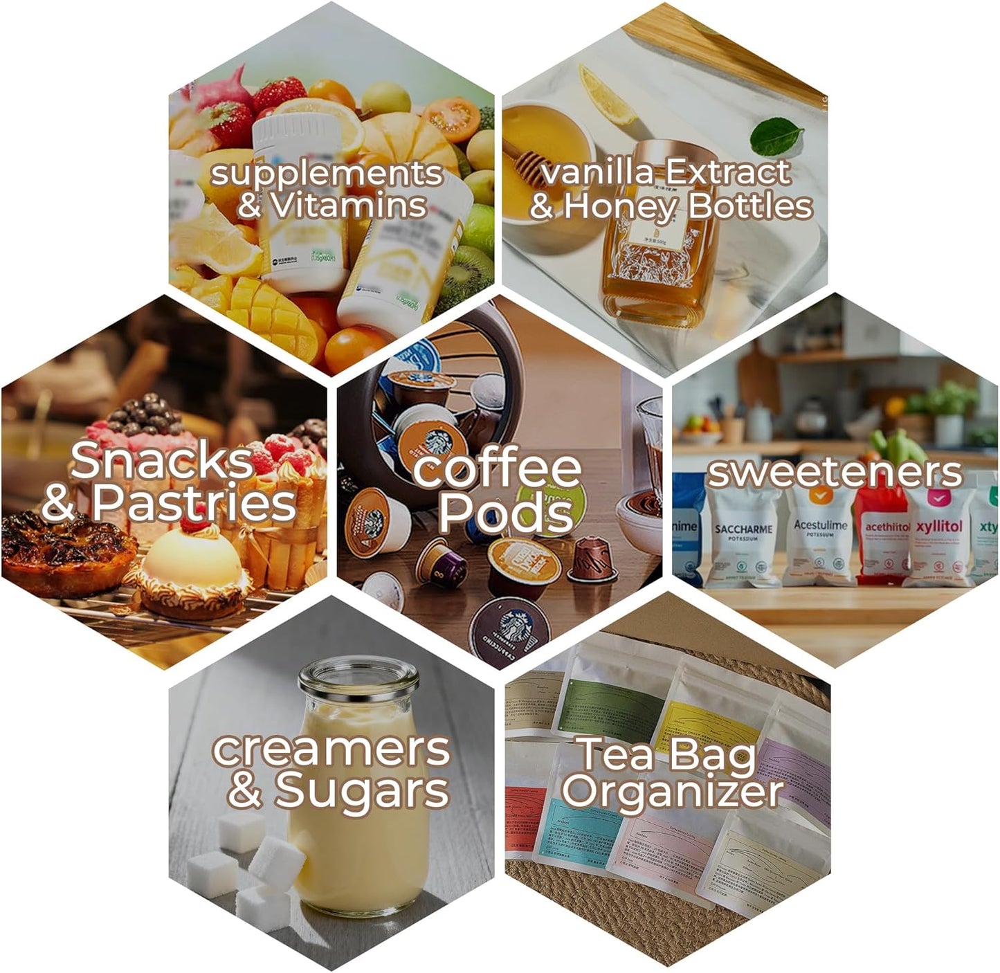 Tea Bag Organizer, Tea Bag Holder Storage with 6 Slots Iron Wire Basket with Wooden Base, Tea Bar Accessories for Countertop Cabinet Drawer, Tea Station for Coffee Capsules Creamer Sweetener Sugar