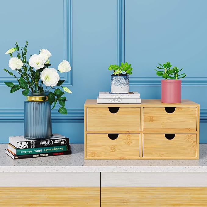 Wisuce Bamboo Desk Organizer - Mini Desktop Drawer Tabletop Storage Organization Box for Office Home Toiletries Supplies, No Assembly Required (4 Drawer)