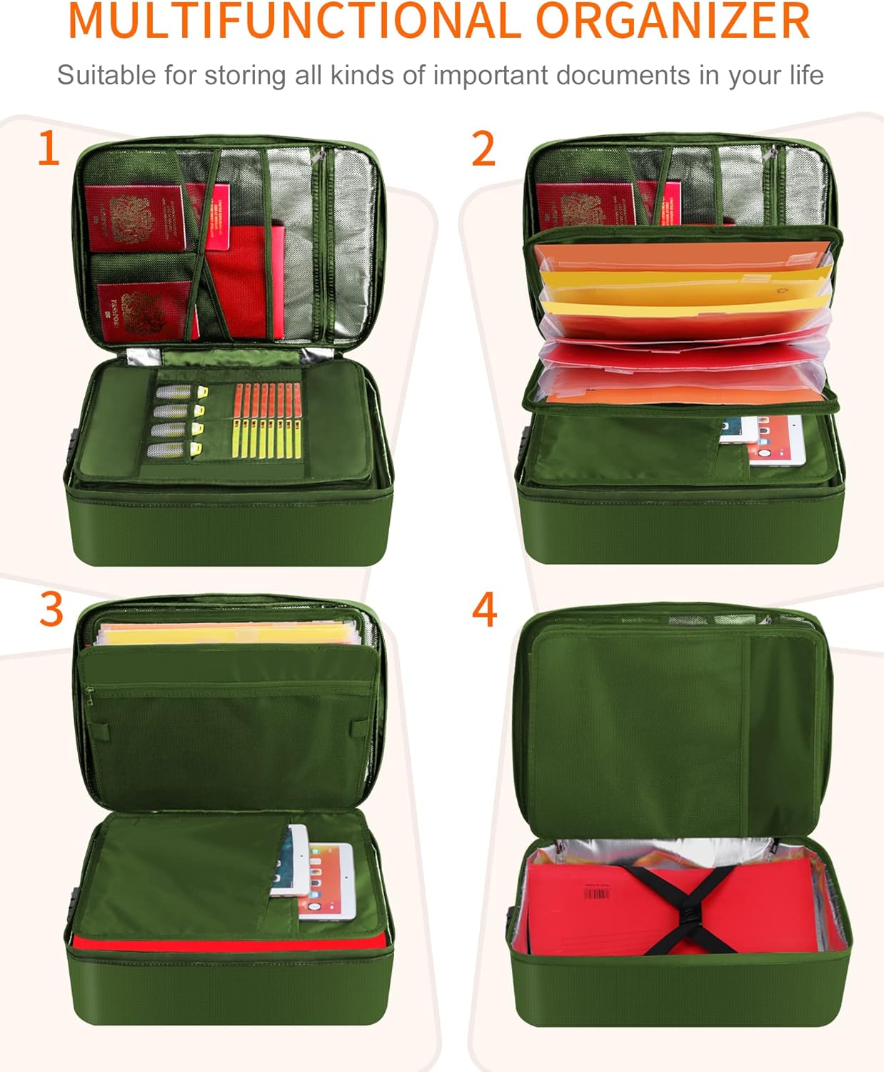 Noiposi Document Organizer with 5200℉ Heat Insulated,16.1"x11.4"x4.3" Waterproof and Fireproof Document Box,Portable Home Travel Safe Storage Box for Important Documents and File,Green