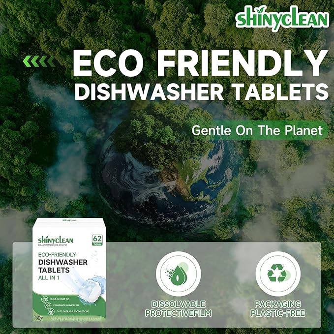 Dishwasher Detergent Tablets with Built-in Rinse Aid | All-in-1 Plant-Based Pods | Fragrance & Dye Free | Natural & Phosphate-Free | Biodegradable & No Unwrapping Needed | 62 Count