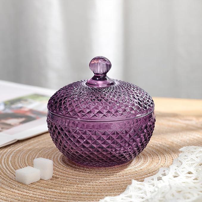 Joeyan 12 oz Small Dark Purple Glass Jars with Lid,Embossed Candy Dishes,Diamond Faceted Food Container,Decorative Jewelry Box Apothecary Canisters,Colored Kitchen Bathroom Buffet Storage Organizer