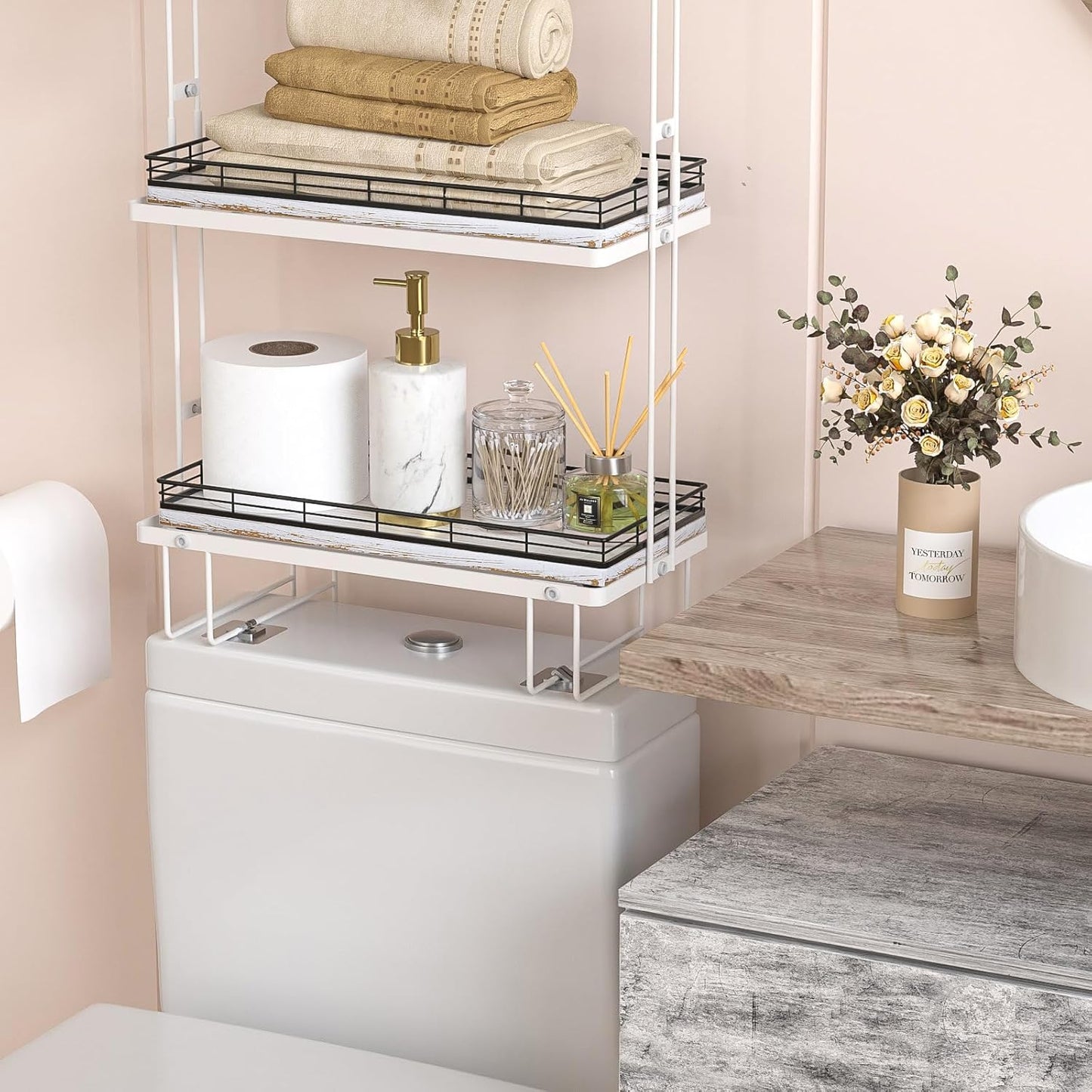 Bathroom Toilet Tank Tray, 13" Wood Toilet Paper Storage Basket Tray Back of Toilet Basket Organizer,Vanity Tray for Perfume Makeup Candle Decor, Black & Farmhouse White