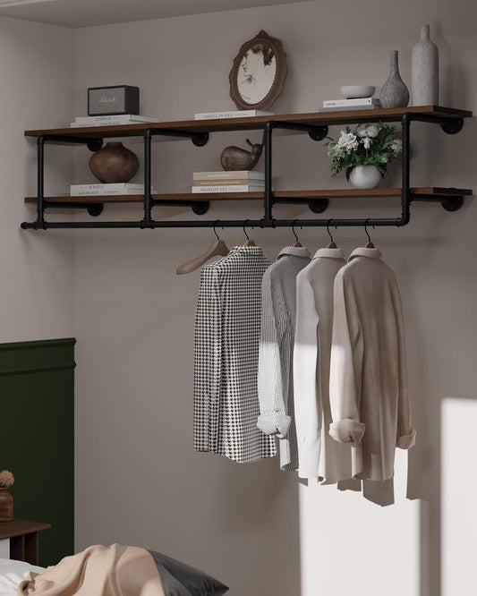 Wall Mounted Clothes Rack 12 Inch Deep, 72 Inch Heavy Duty Garment Rack with Real Walnut Wood Shelf, Multi-Purpose Hanging Rod & Space-Saving Closet Storage Organizer
