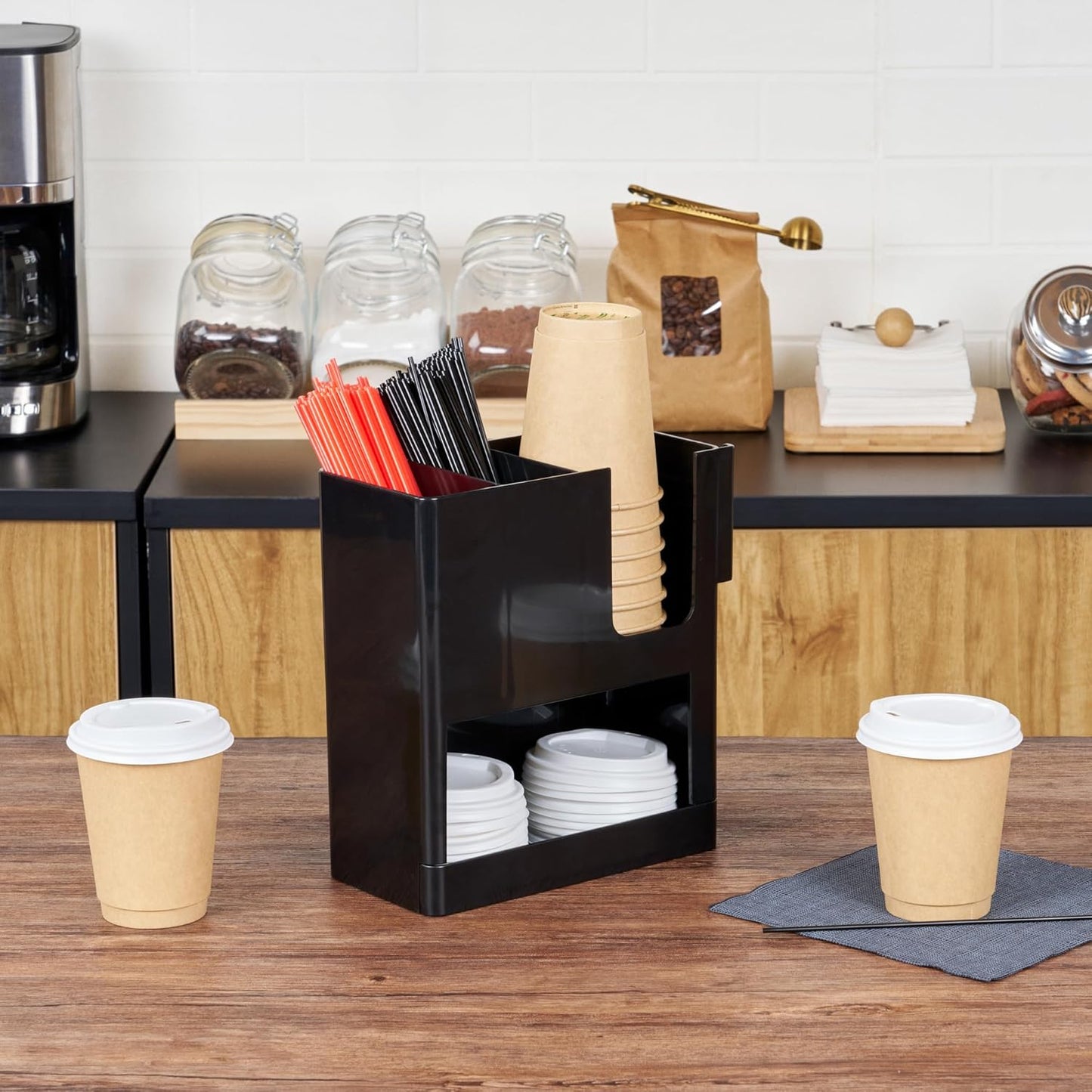 Restaurantware Restpresso Coffee Bar Organizer, 1 Count Durable 4 Compartments, Compact Size, Black Plastic Tabletop Coffee Supplies Organizer For Homes, Office Spaces, Breakrooms, and Lounges