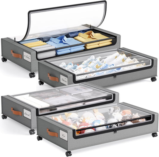 Yecaye 4 Pack Under Bed Storage with Wheels, Under Bed Storage Containers with Lids, Large Under Bed Rolling Storage with Clear Window & Label, Rolling Drawers for Clothes, Blankets, Books