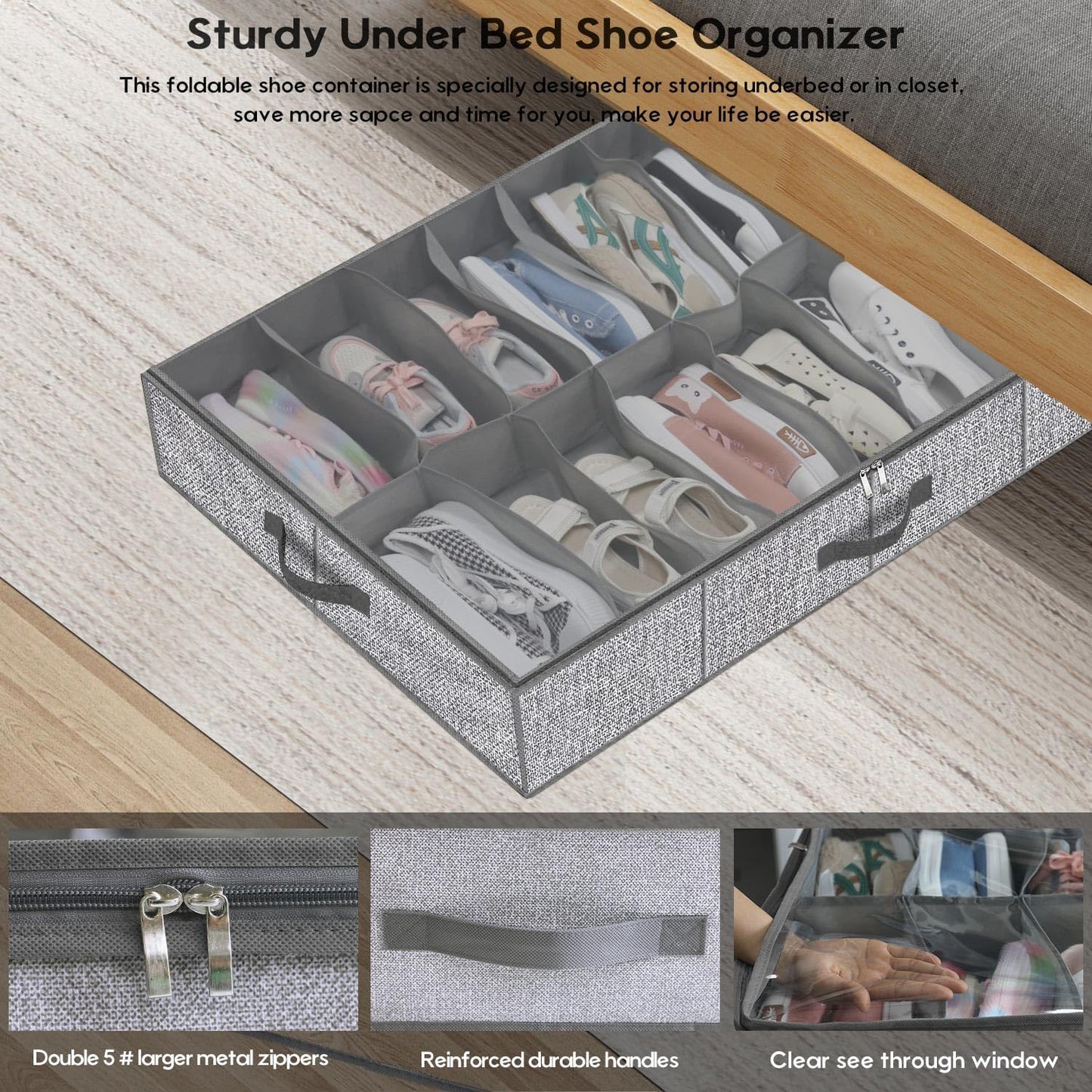 Onlyeasy Sturdy Under Bed Shoe Storage Organizers with Handles & Clear Window (16 to 32 Pairs) 2 Pack, Closet Shoes Containers Boxes for Kids & Adults, 37.7"x23.6"x5.9", Linen-like Grey, MXDUBS16P2