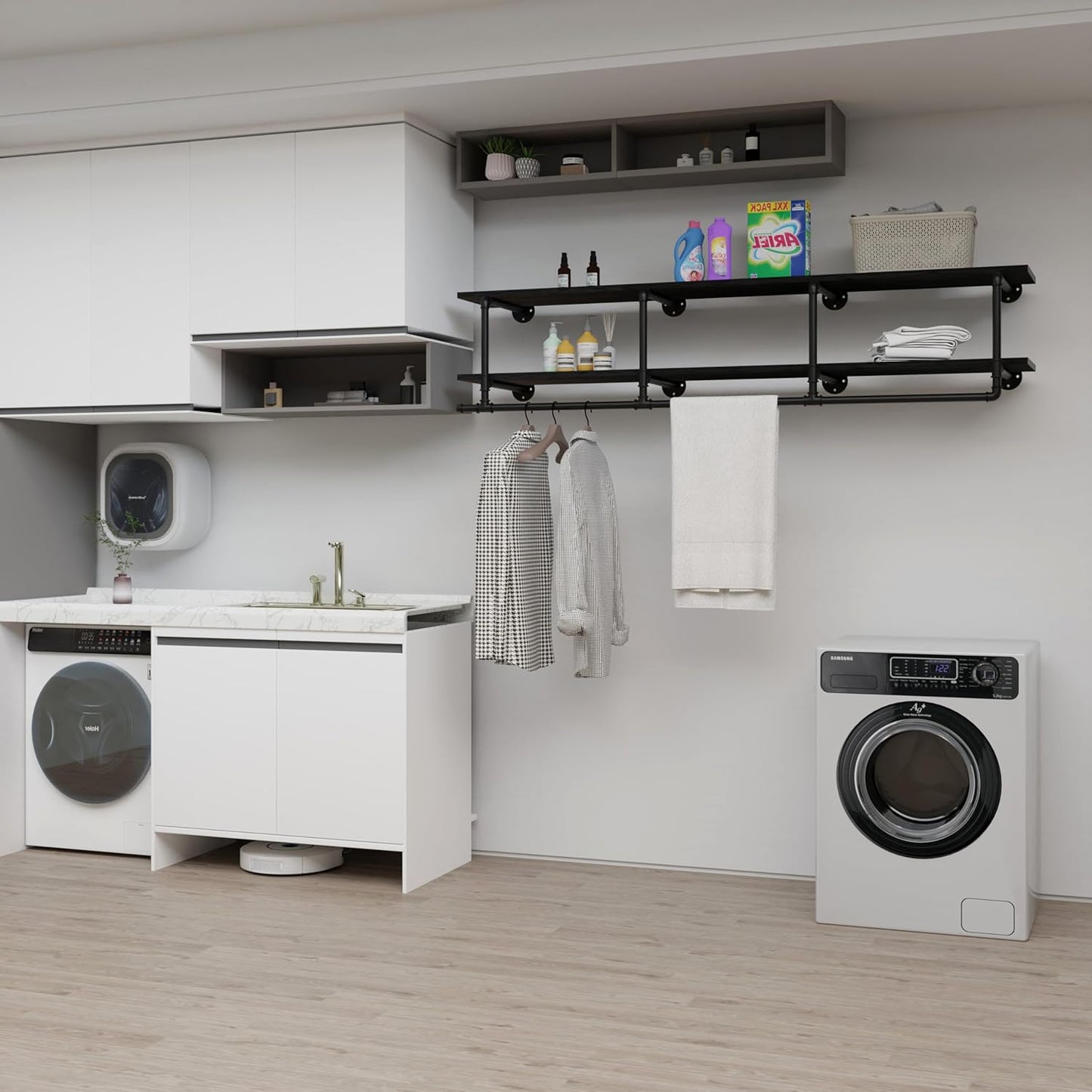 Wall Mounted Clothes Rack 12 Inch Deep, 72 Inch Heavy Duty Garment Rack with Real Black Wood Shelf, Multi-Purpose Hanging Rod & Space-Saving Closet Storage Organizer