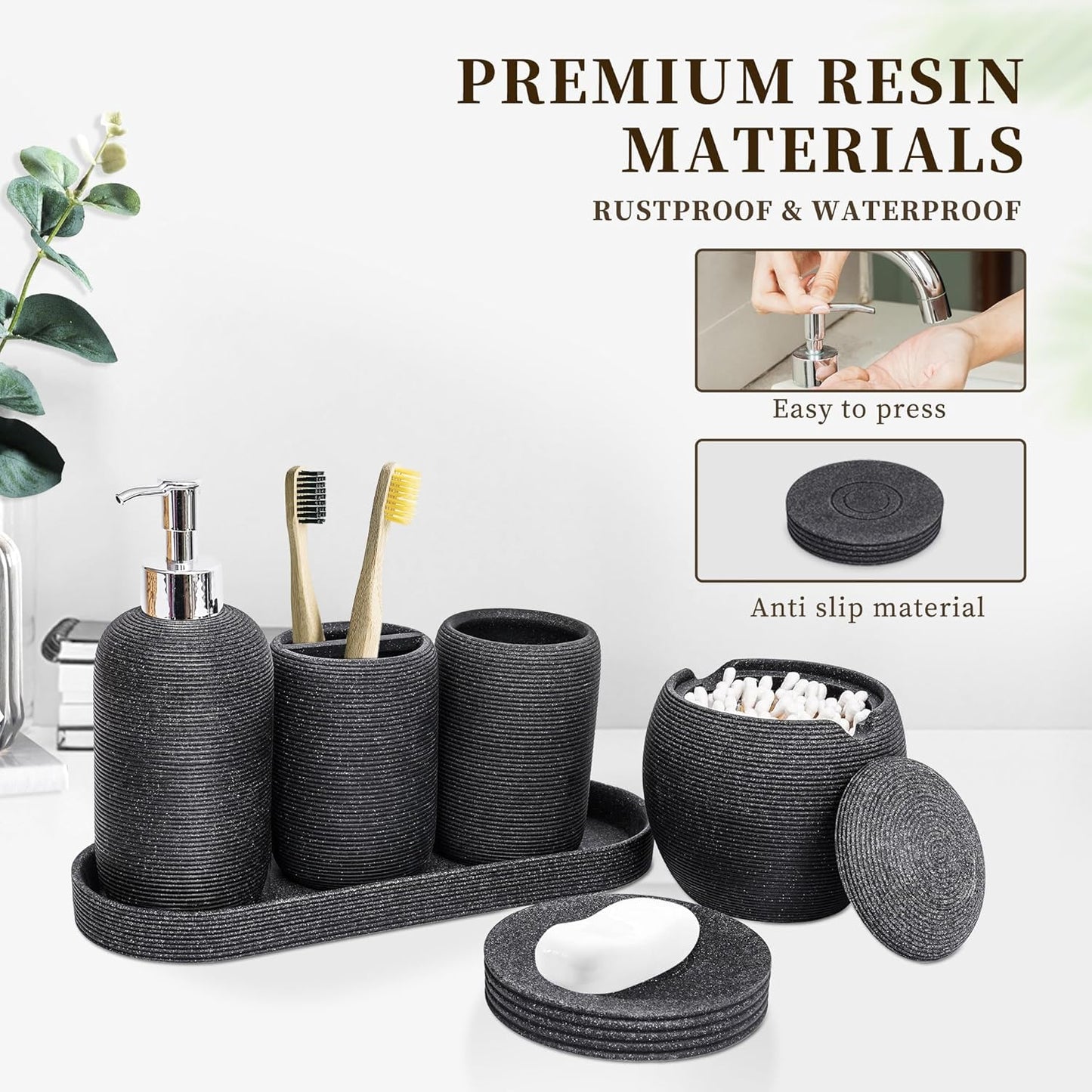 Resin Bathroom Accessory Set - 6PCS Bathroom Accessories Set, Bath Vanity Countertop Accessories with Soap Dish, Lotion Dispenser, Toothbrush Holder, Toothbrush Cup, Vantiy Tray, Qtip Holder (Black)