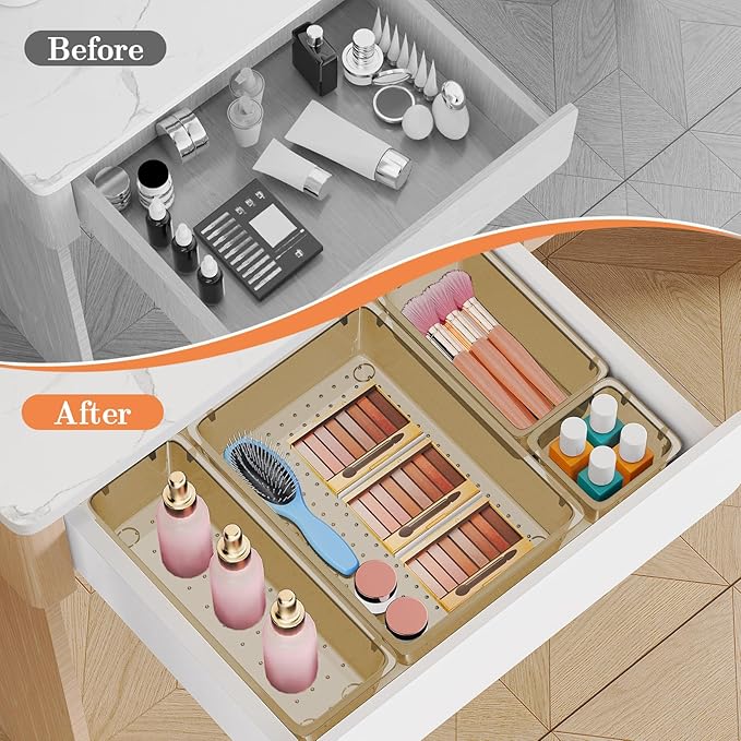 25 PCS Plastic Drawer Organizer Set, 4-Size Versatile Organizer Trays & storage Bins for Makeup, Jewelry, and Gadgets in Bathroom, Bedroom and Office,Champagne