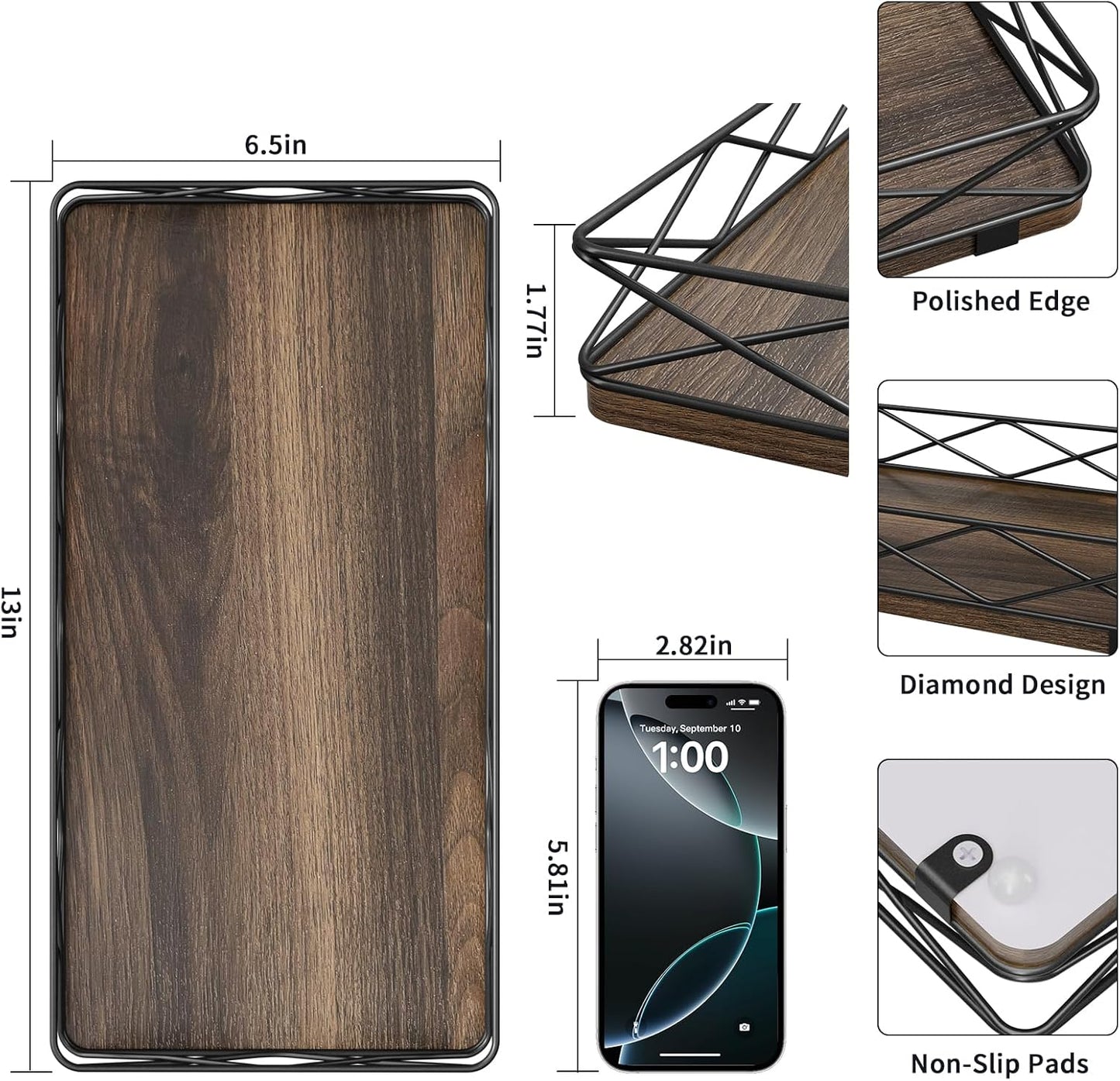 Toilet Paper Basket Holder, 13" Bathroom Tray Countertop, Wood and Metal Toilet Tank Tray Bathroom Vanity Organizer for Toiletry, Kitchen Sink Organizer for Soap Dispenser (Brown+Black)