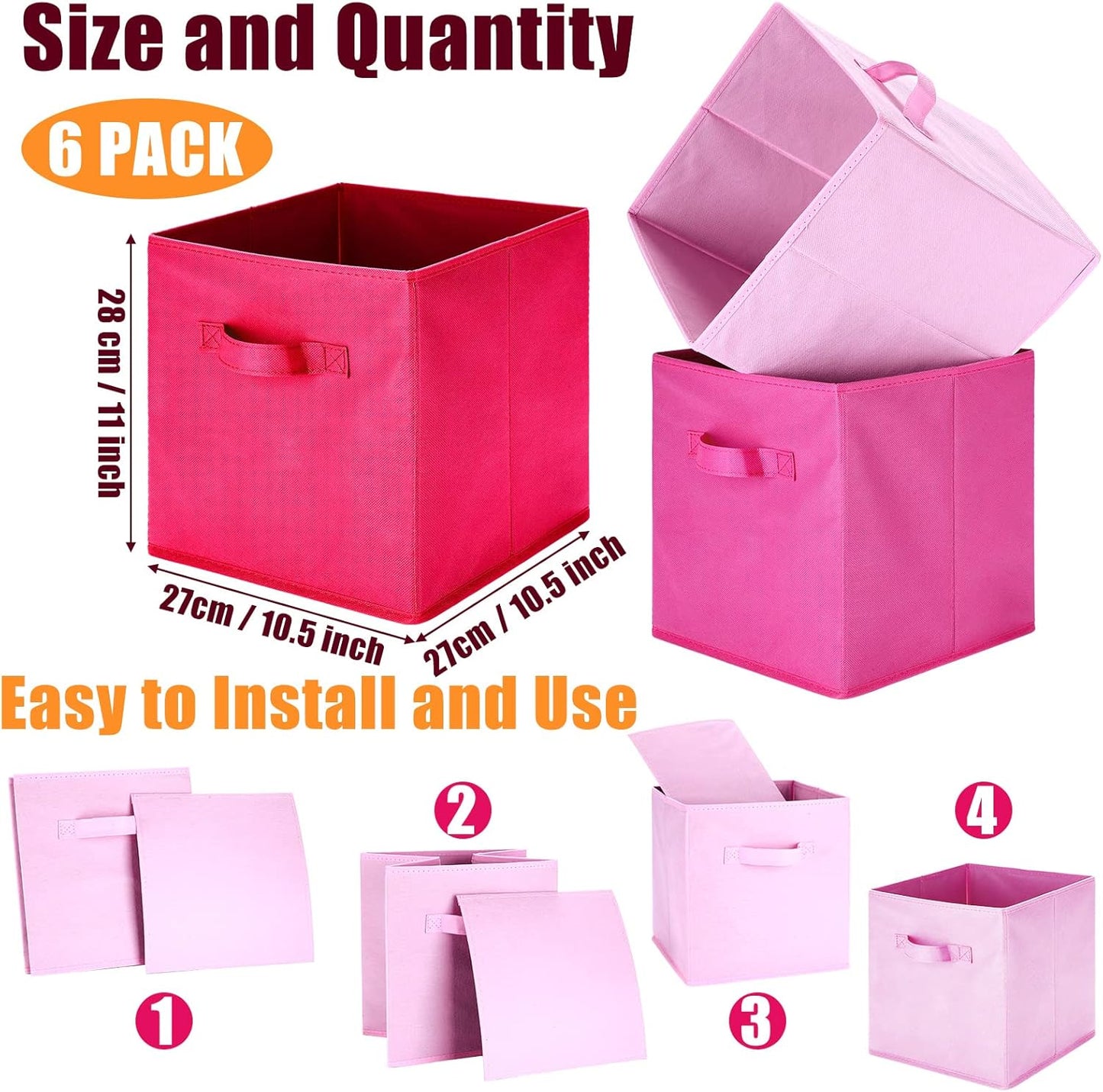Karenhi 11" x 10. 5" x 10. 5" Pink Storage Cube, 6 Pack Fabric Cube Storage Bins Organizer Box, Collapsible Baskets with Handles Foldable Shelf for Cloth Toys Home Room Closet, Pack of 6