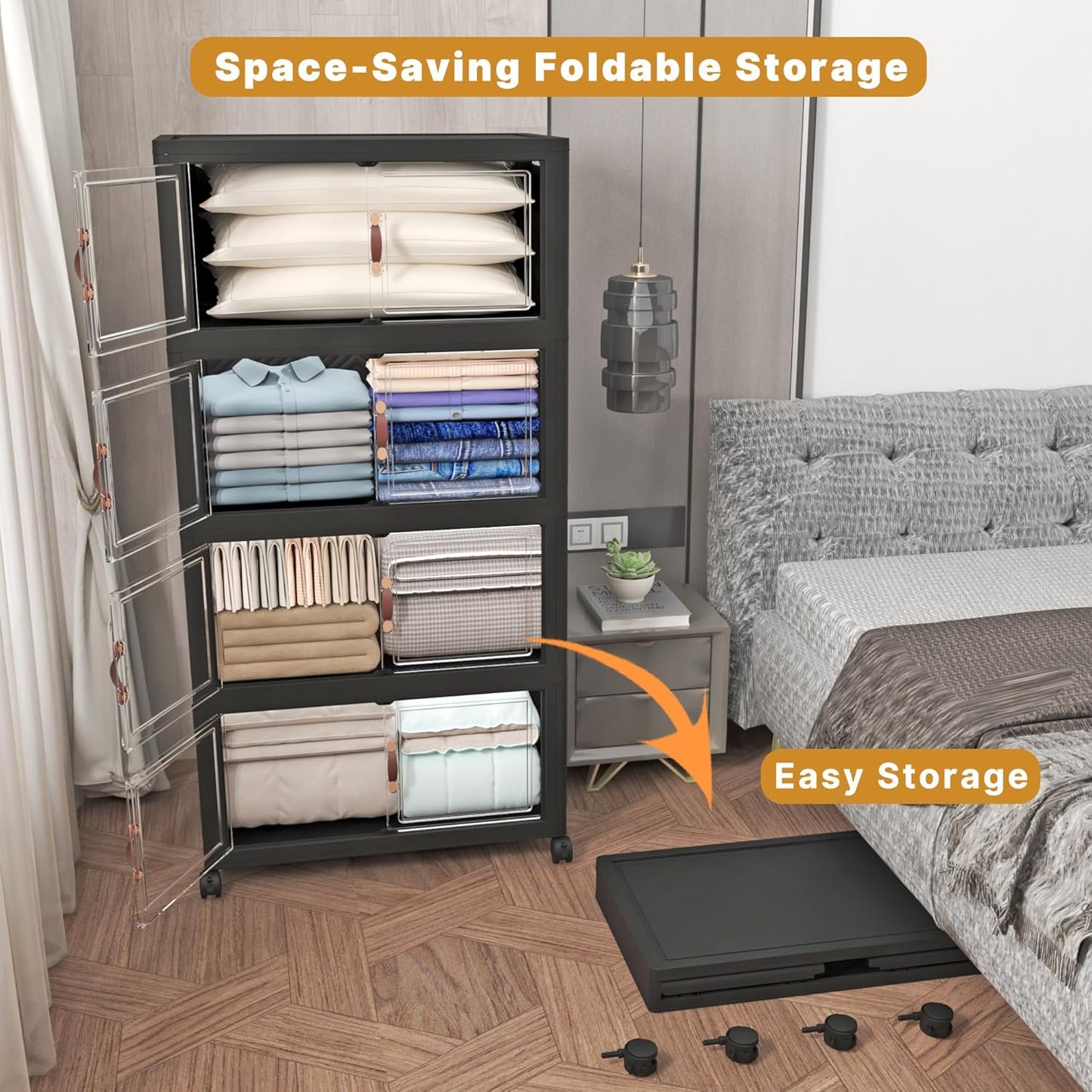 Extra Large Stackable Storage Bins with Lids & Wheels & Door, 1280QT-160QT/40GAL*8Pack Foldable Collapsible Closet Organizers, Plastic containers drawers for bedroom Dorm