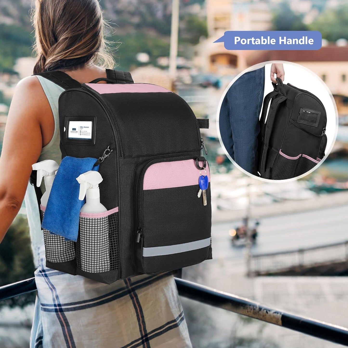 LoDrid Cleaning Bag with Thickened Adjustable Shoulder Straps, Large Cleaning Caddy Organizer with Multiple Pockets for Cleaning and Housework, Pink (Patent Designed)