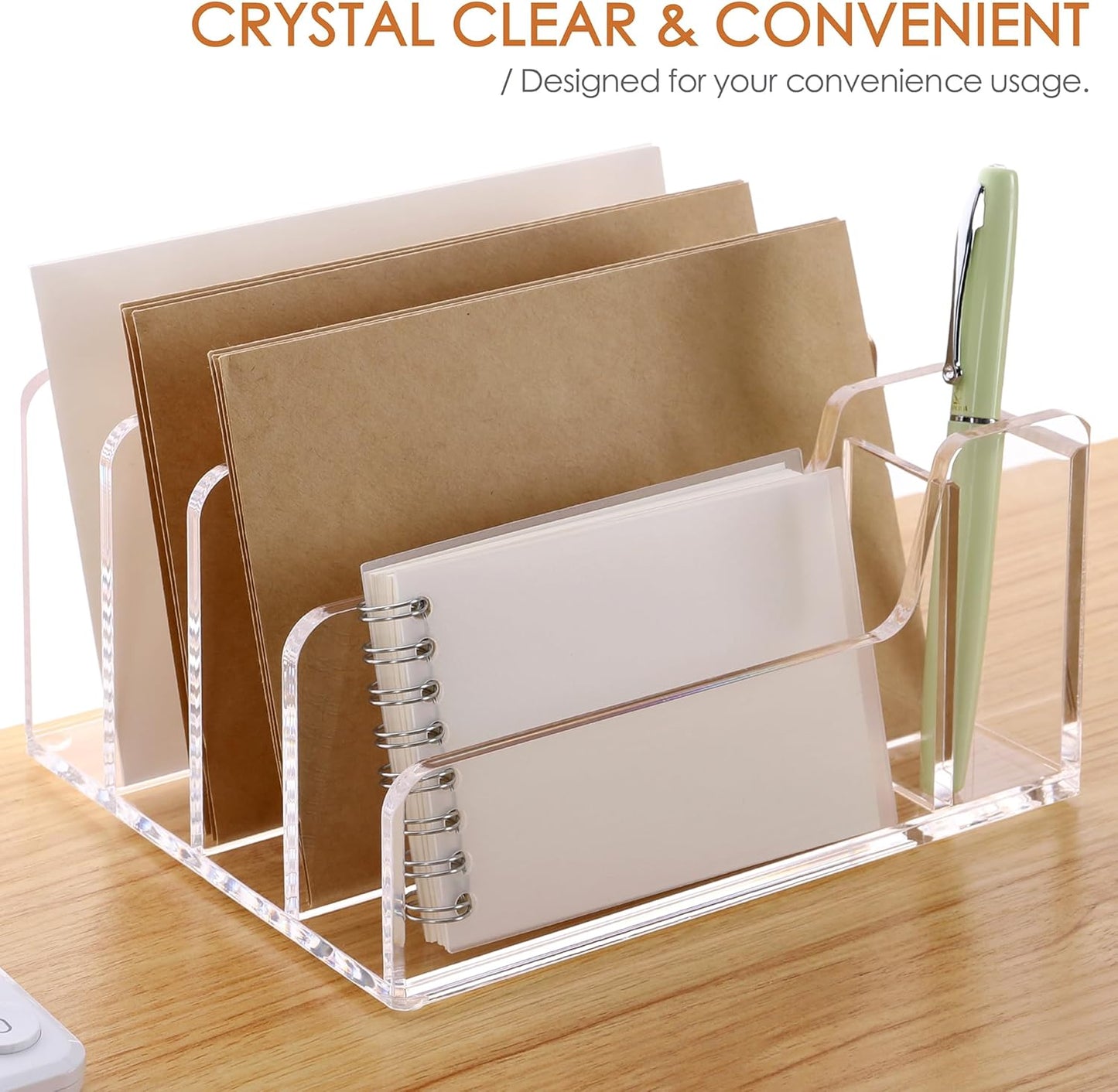 SANRUI Acrylic Mail Organizer, 5 Compartments File Holder for Desk,Letter Sorter with Pen Holder,Desk Organizers and Accessories,Clear Cute Mail Sorter
