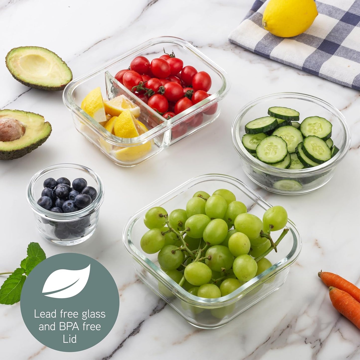 COOK WITH COLOR Premium 32-Pc. Borosilicate Glass Food Container Set with Dividers - 4 Rectangles, 8 Rounds, 4 Squares - Leakproof Lids - Meal Prep, Storage, Ombre Green