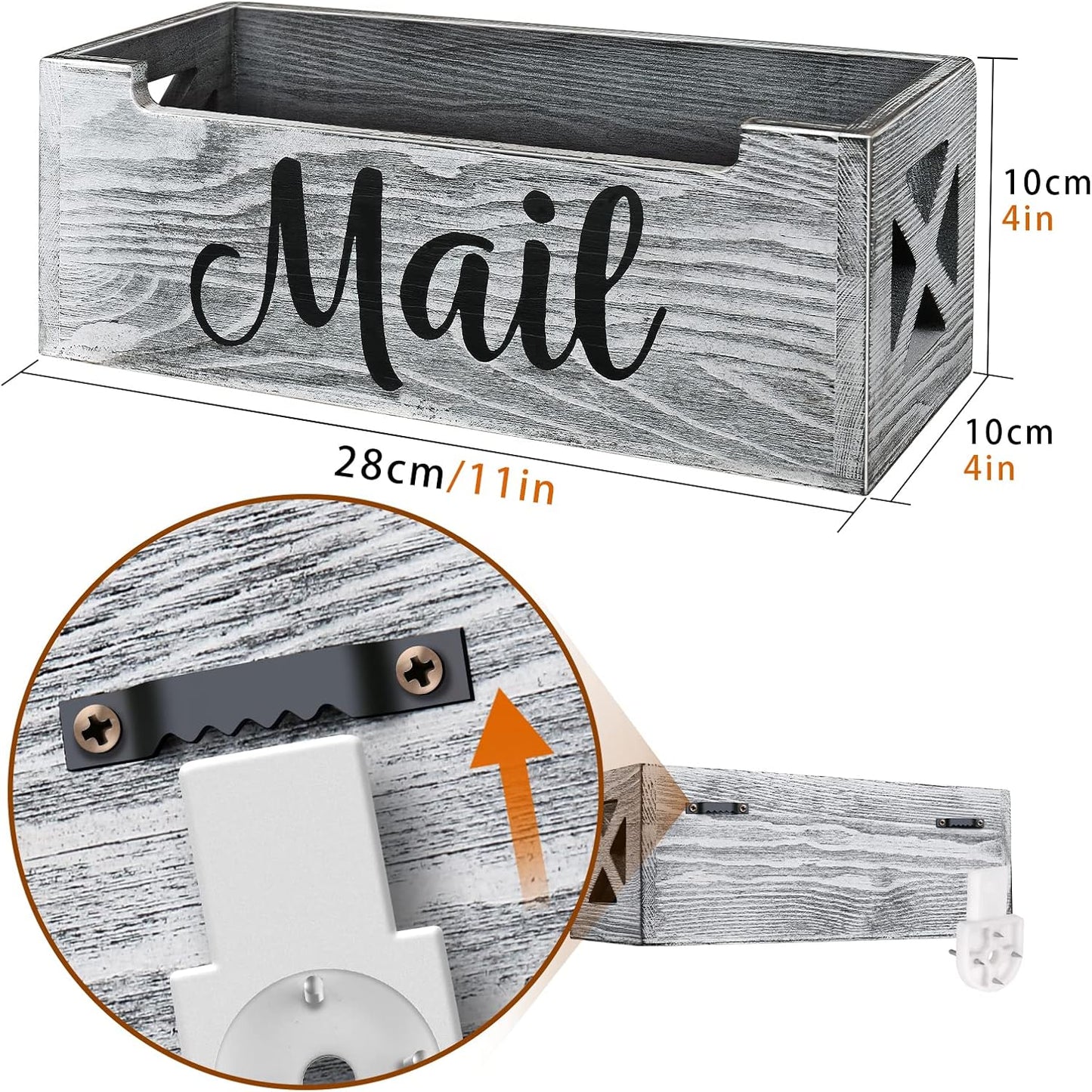 Mail Organizer Holder Countertop, Rustic Wood Mail Basket Storage Tray Letter Holder for Office Desk Wall Mount - Grey