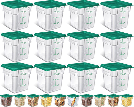 Yungyan 12 Pcs 4 Qt Commercial Food Storage Containers with Lids Restaurant Square Airtight Food Storage Containers Clear Cereal Containers for Kitchen Freezer Dishwasher Pantry(Green Lid)