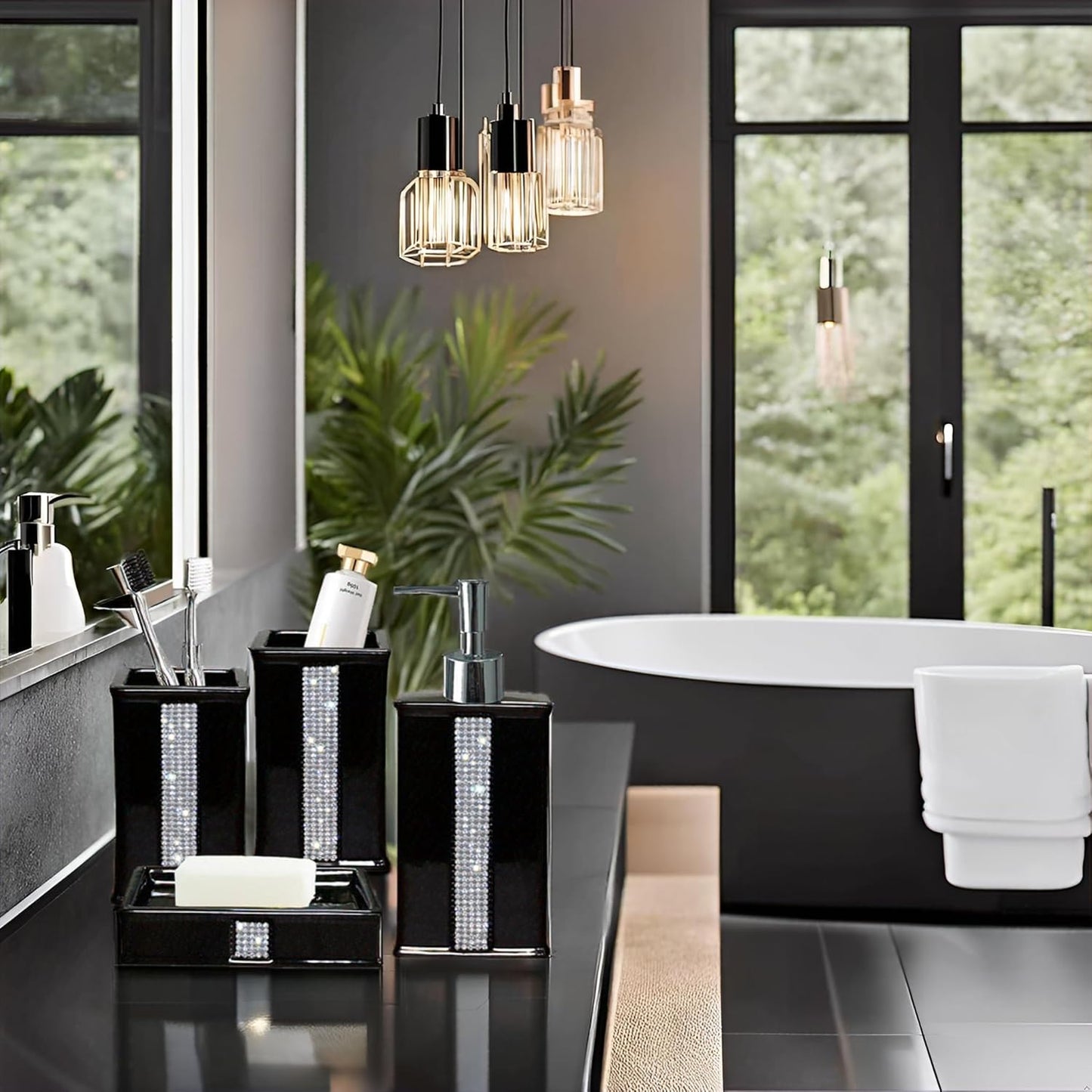 Bath Accessories Sets for Bathroom,Black Bathroom soap Dispenser Set,Ceramic Liquid Dispenser Pump, 2 Tumbler Cup,Soap Dish-Bathroom Home Decor Clearance (12 Ounce Black)