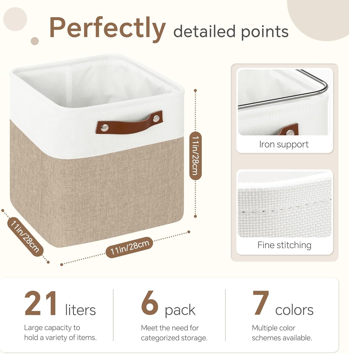 Cube Storage Baskets 6 Pack, 11x11 inch Foldable Cube Storage Bins with Leather Handles for Shelf Closet Nursery Toys (White/ Khaki)