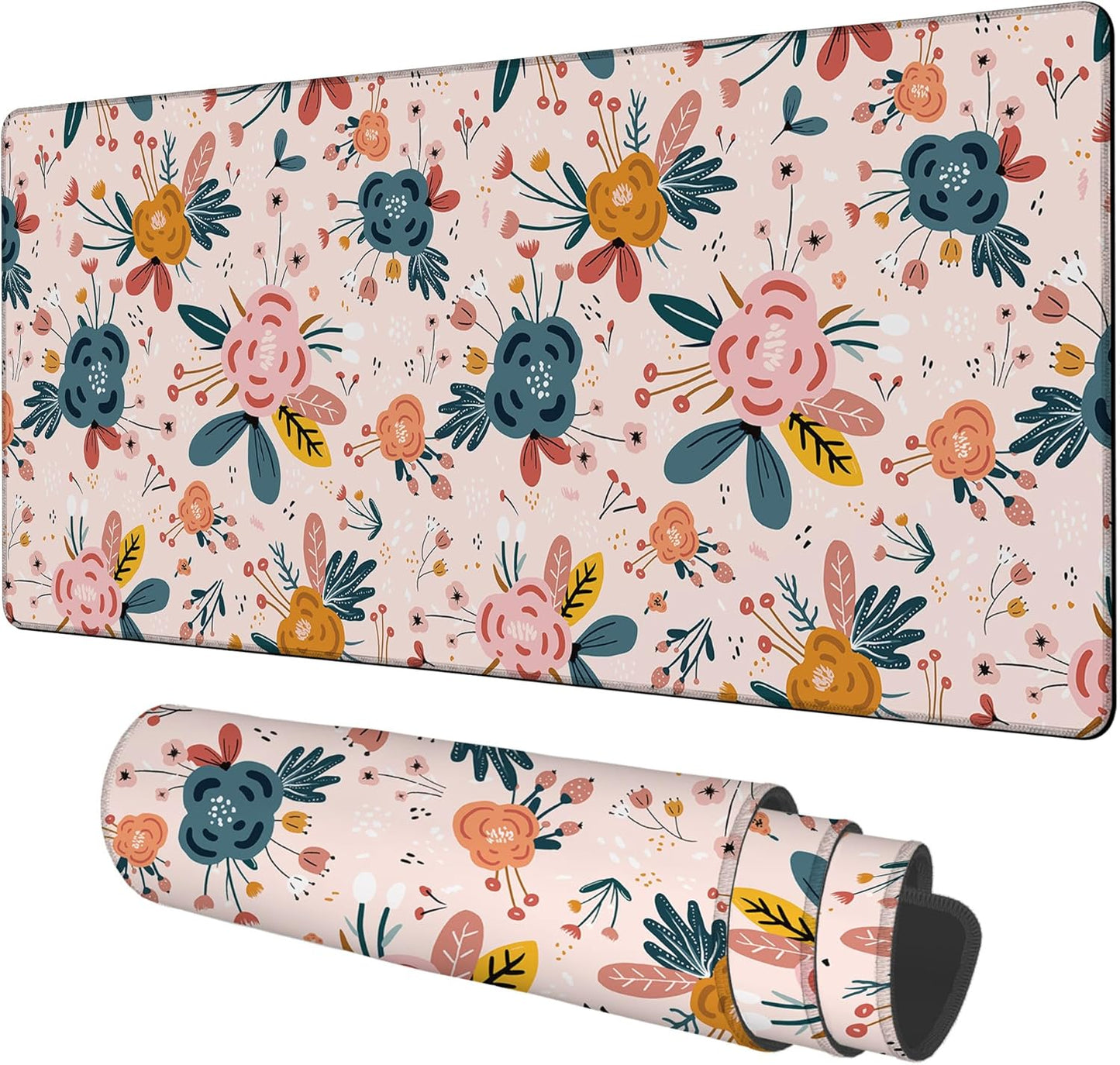Gaming Desk Pad Large Extra Length Hand Drawn Floral Mouse Pad Keyboard Laptop Non-Slip Waterproof with Rubber Base Thick Stitched Edge Mouse Mat for Office Home 35.4 x 15.7 Inches