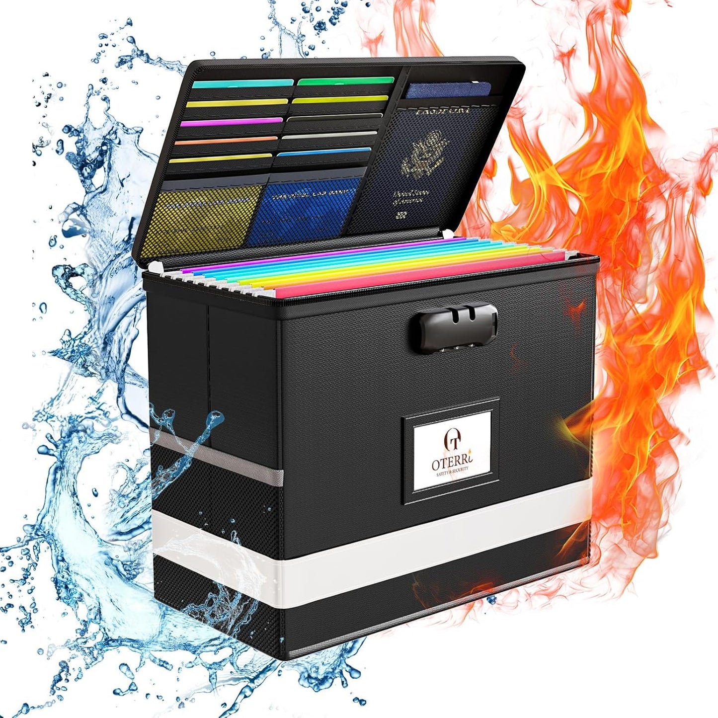 Oterri 1 Pack Fireproof Document Box With Lock, Portable File Safe Box Fireproof Waterproof For Letter Files, Collapsible Fireproof File Box With Handle Black