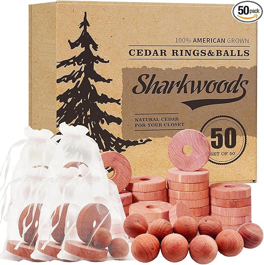 Cedar Blocks for Clothes Storage 50 Pack - 100% Natural Aromatic Cedar Rings and Balls for Closets & Drawers Freshener (30 Rings & 20 Balls)