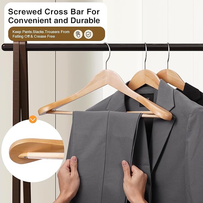 Wide Shoulder Hanger 10 Pack,Solid Wood Hanger,Heavy Duty Suit Hangers,Coat Hangers with Retotating Hooks & Non Slip Pants Bar,Smooth Clothes Hangers for Sweater, Pants, Jacket(Natural
