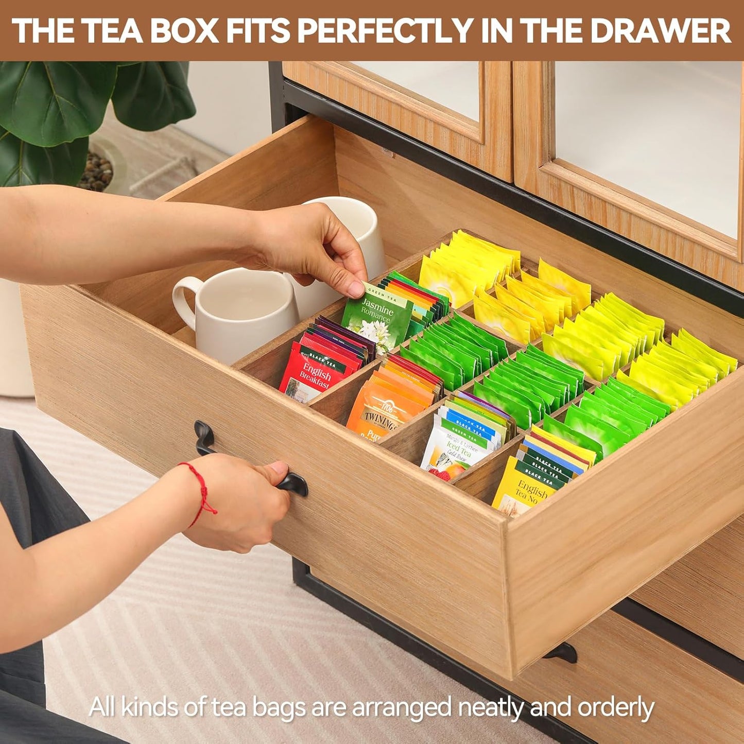 KIRIGEN Wood Tea Organizer 12 Compartments Tea Bag Holder Wooden Tea Bag Storage Box for Home and Office CYH12-DBR
