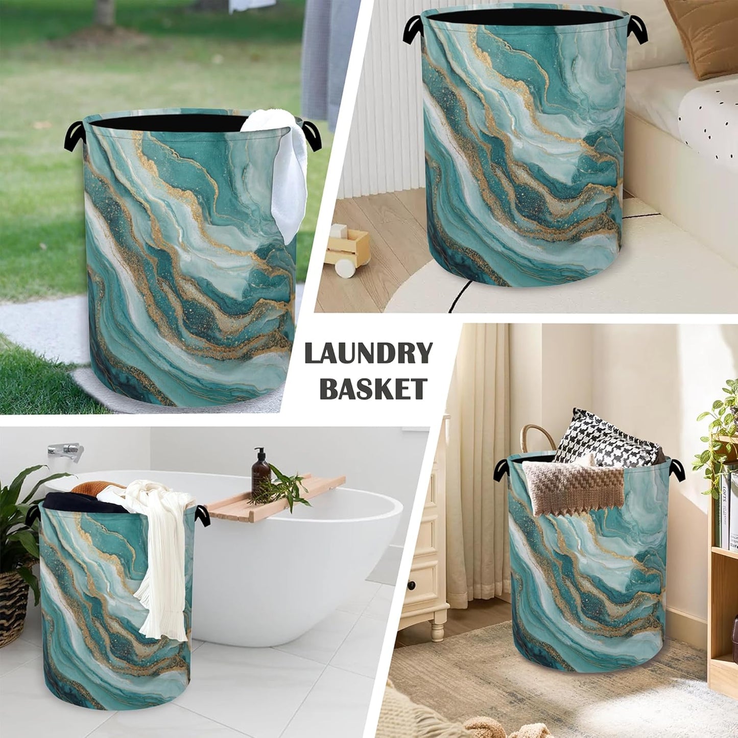 Blue Green Gold Marble Laundry Basket,Foldable with Handles Tote Bag Oxford Cloth for Bathroom Bedroom Dirty Clothes Storage Bucket 16" x 20.8"