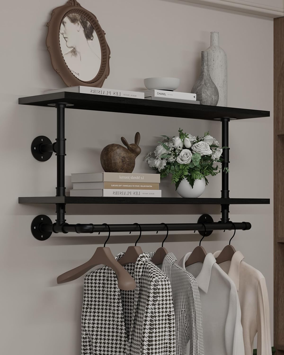 Clothes Rack 36in, 2-Tier Wall Mounted Garment Rack with Real Wood Shelf, Heavy Duty Hanging Clothes Rack, Multi-Purpose Hanging Rod, Space-Saving Closet Storage