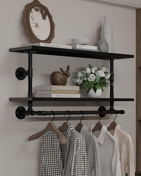 Clothes Rack 36in, 2-Tier Wall Mounted Garment Rack with Real Wood Shelf, Heavy Duty Hanging Clothes Rack, Multi-Purpose Hanging Rod, Space-Saving Closet Storage