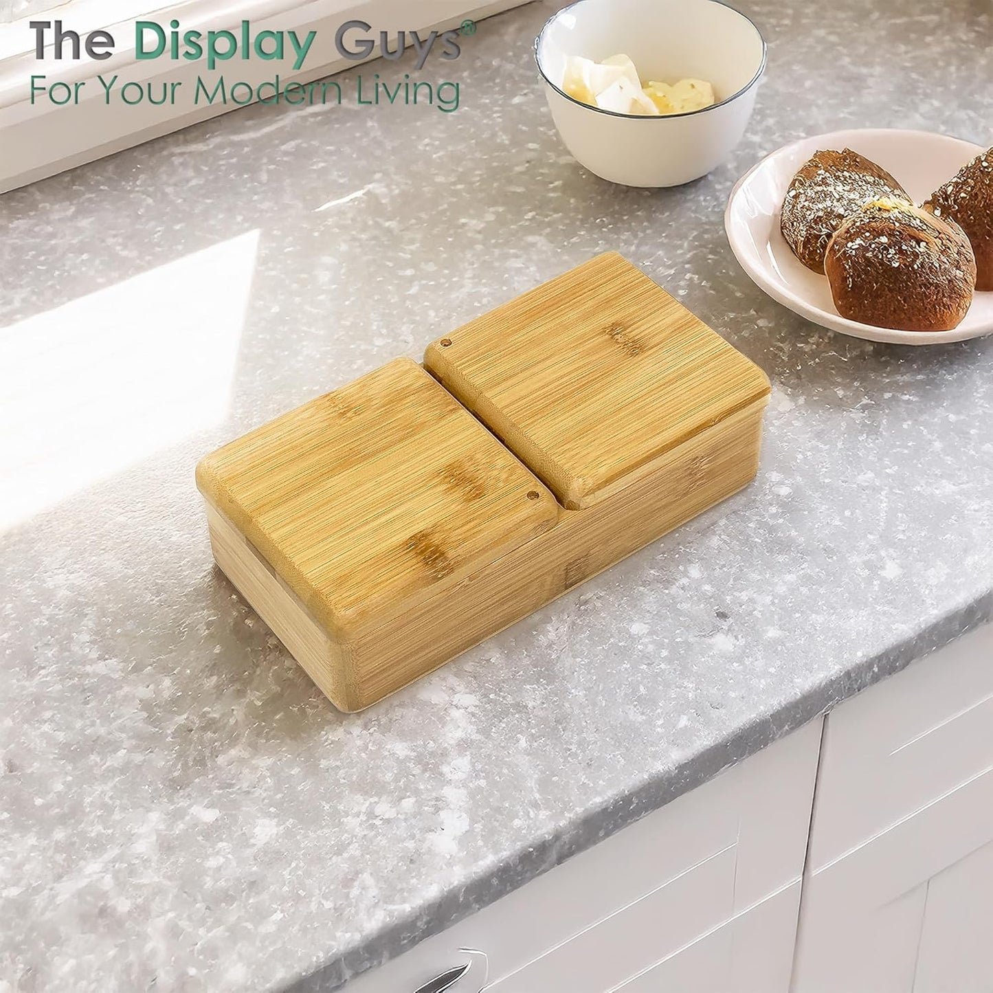 100% Bamboo Dual-Compartment Storage Box w. Lid - 22 oz - Natural Salt Pepper Cellar, Condiment Container, Spice Jar, Office Organizer by The Display Guys