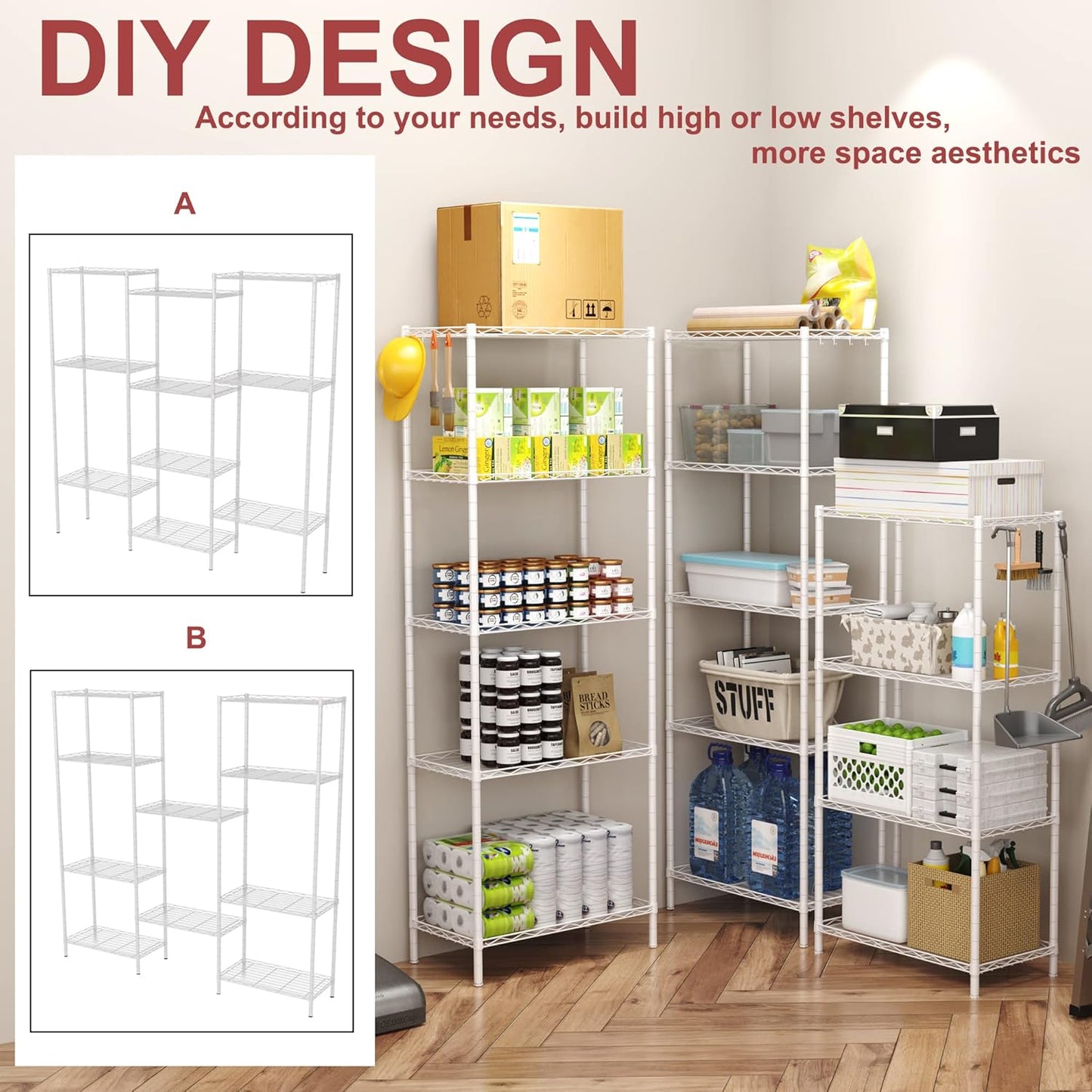 HOMEFORT 5-Shelving Unit, Adjustable Wire Shelving, Metal Wire Shelf Rack Organizer for Kitchen, Pantry, Closet, Bathroom, Laundry, White,21" W x 11" D x 53" H