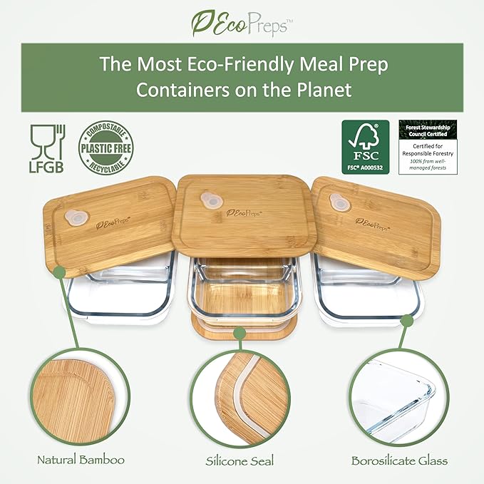 Glass Meal Prep Containers with Bamboo Lids, 2 Compartment Glass Bento Box Container Set (3 Pack) | 100% Plastic Free, Eco-Friendly, Lunch Containers with Lids Made of Bamboo - Set of 3
