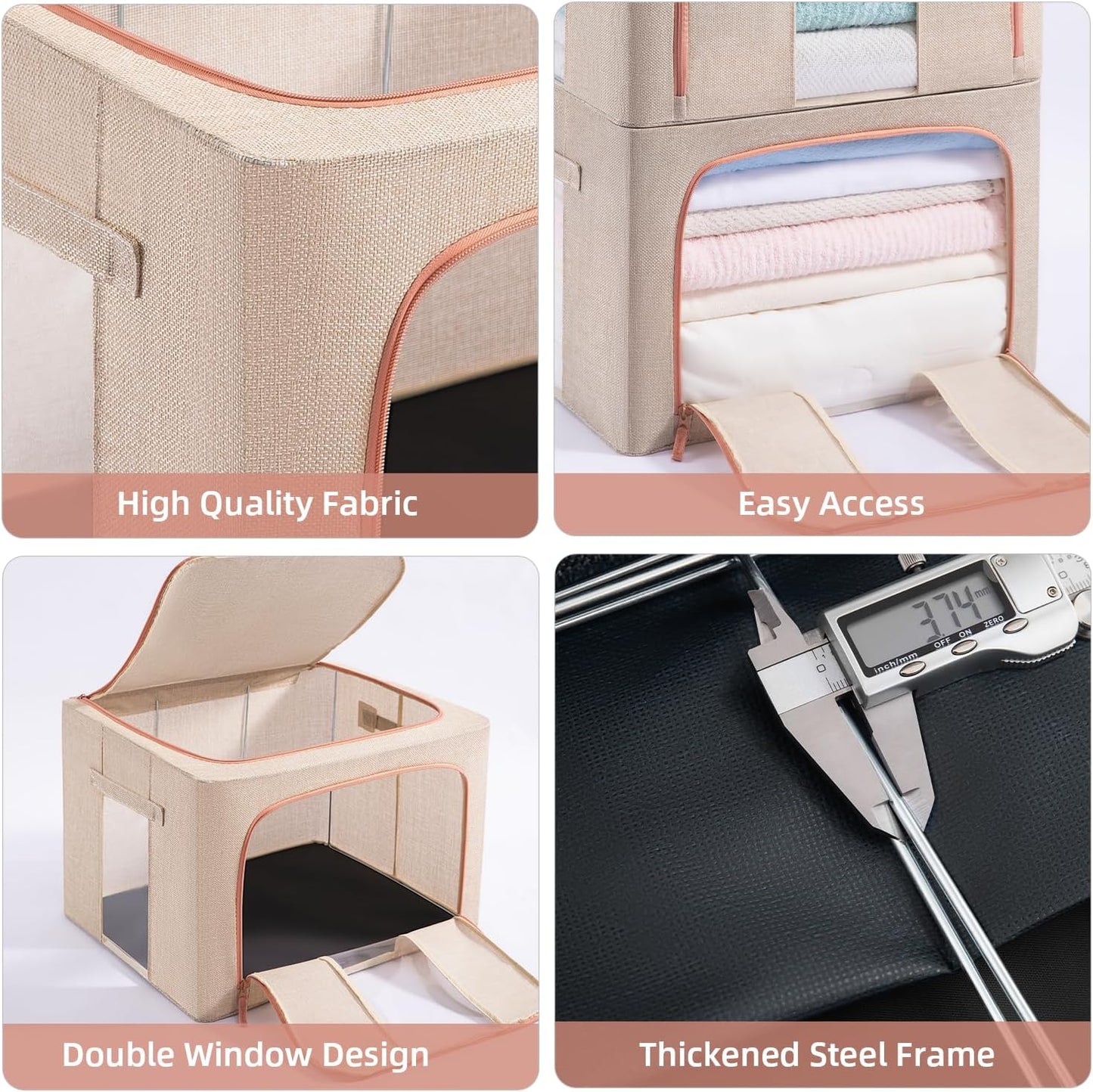 100L Stackable Clothes Storage Bins with Metal Frame Handles & Zipper, Collapsible Closet Organizer Box with Lid for Bedding Blankets Towel (Beige,1 pack)