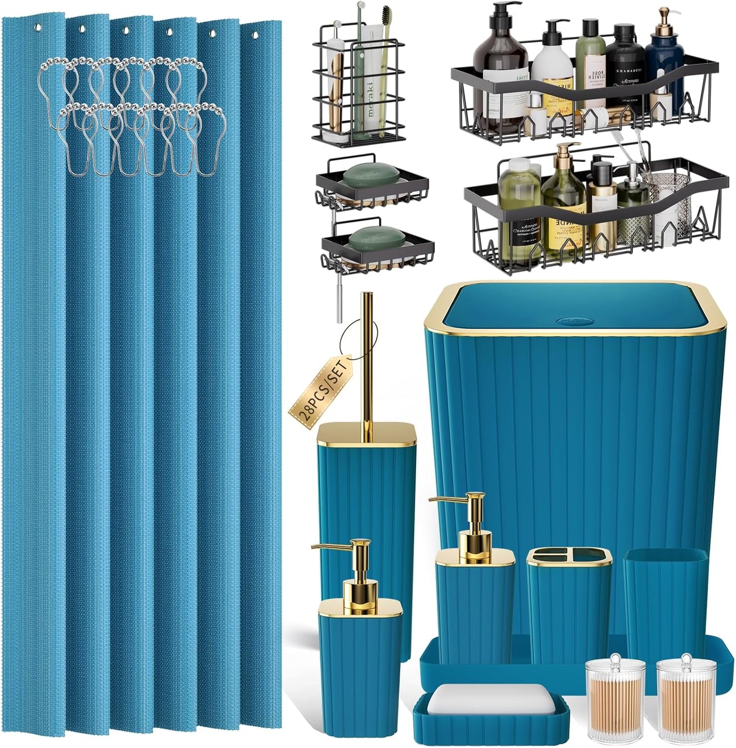 28PC Bathroom Accessories Set - Gorgeous Teal Bathroom Set with Shower Caddy and Shower Curtain, Bathroom Accessory Set, Soap Dish & Trash Can