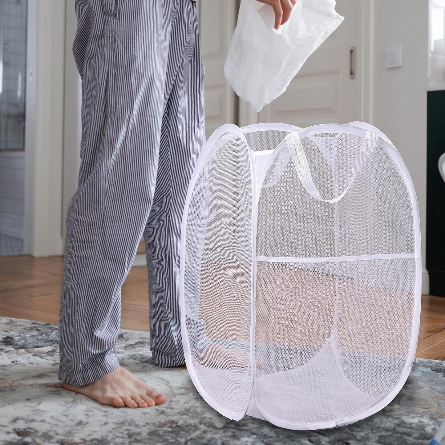 Foldable Mesh Popup Laundry Hamper,Laundry Basket Easy to Open and Fold for Dorm,Travel, College Dorms, and More (2 white)